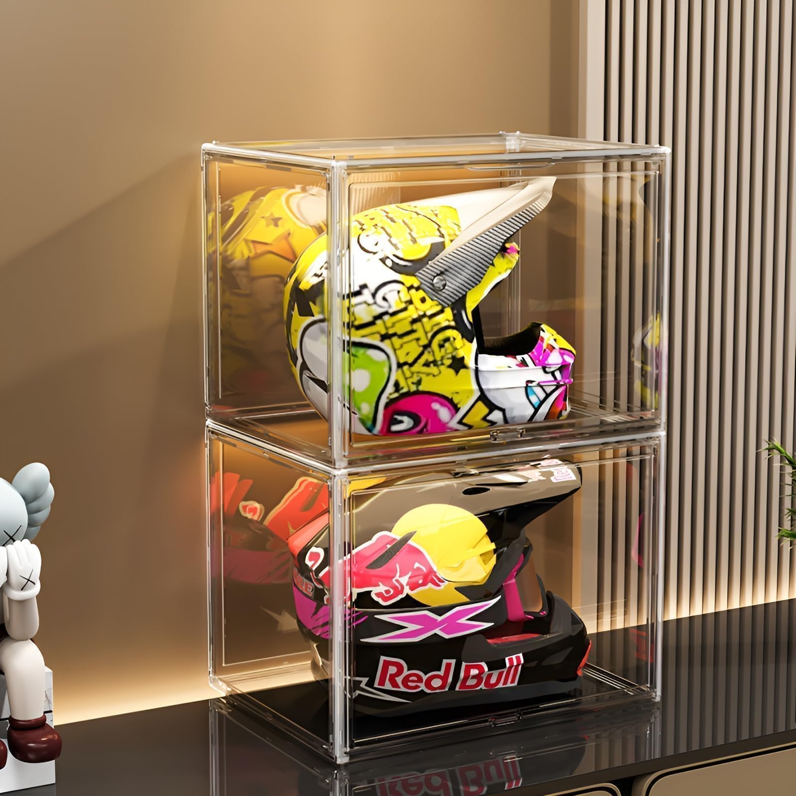 GUDEMAY Stackable Clear Plastic Storage Bin with Lid, Dustproof Display Case for Figures, Shoe Boxes, Helmet Protector, XL