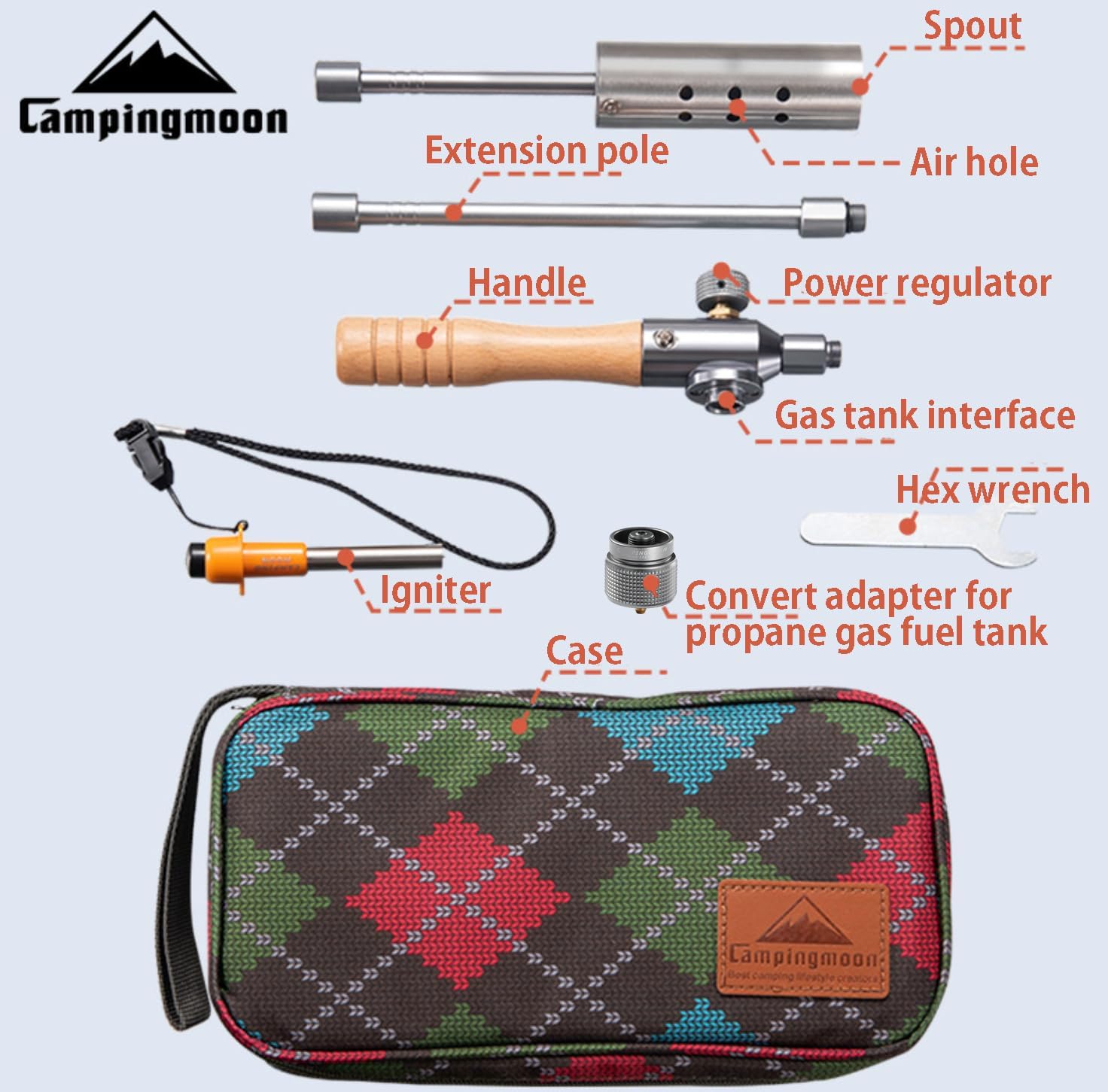 CAMPINGMOON Camping Grill Torch Dual Fuel Head Flame Adjustable for Charcoal Starter with Storage Case MT-3955/I-1010 (Propane + Isobutane)