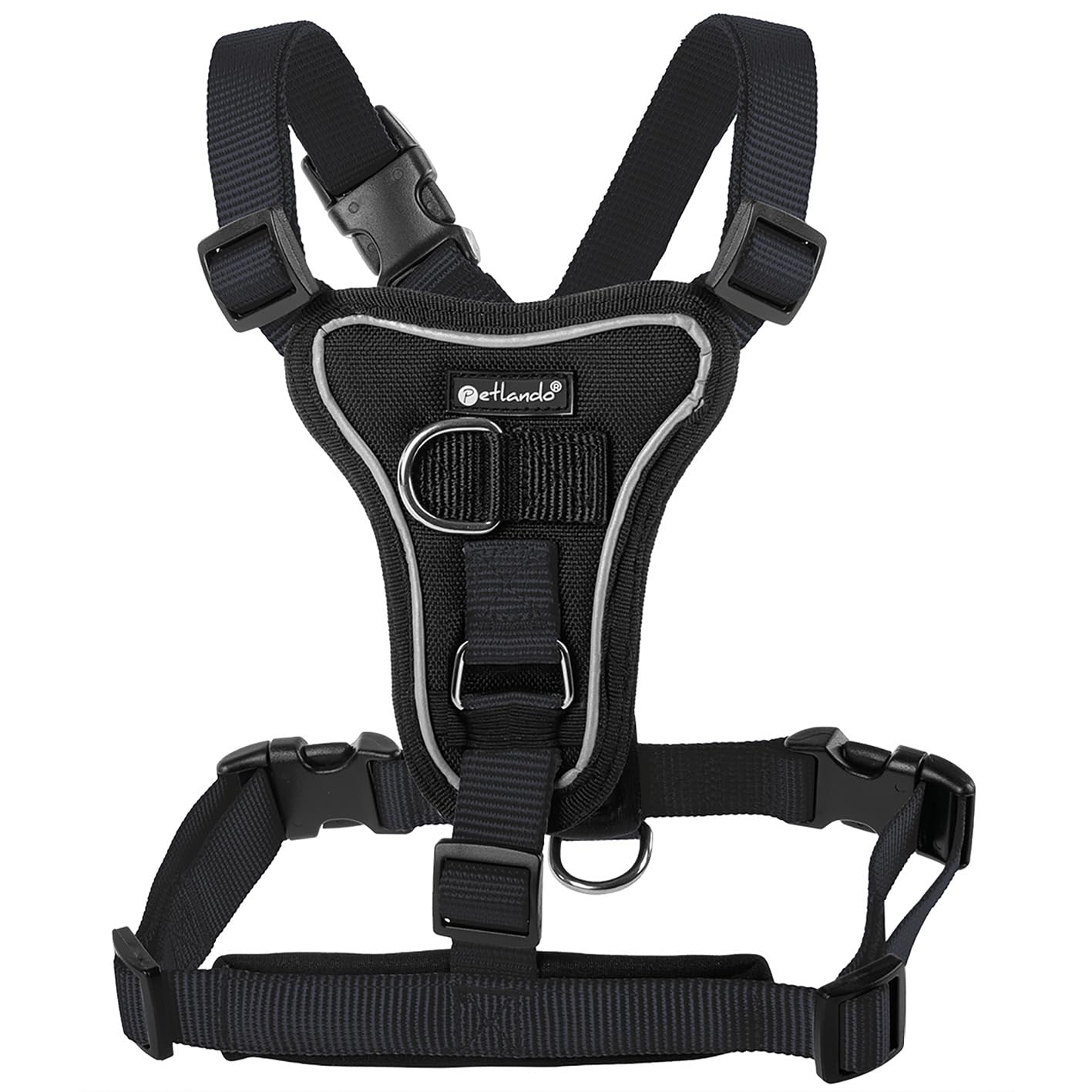 Petlando Hundegeschirr Anti Zug, Basic Comfort Plus, Schwarz, S | Vertikaler Brust-D-Ring, Ohne Über-Kopf-Ziehen, Stufenlos verstellbar, Gepolstert, Geschirr für kleine Hunde