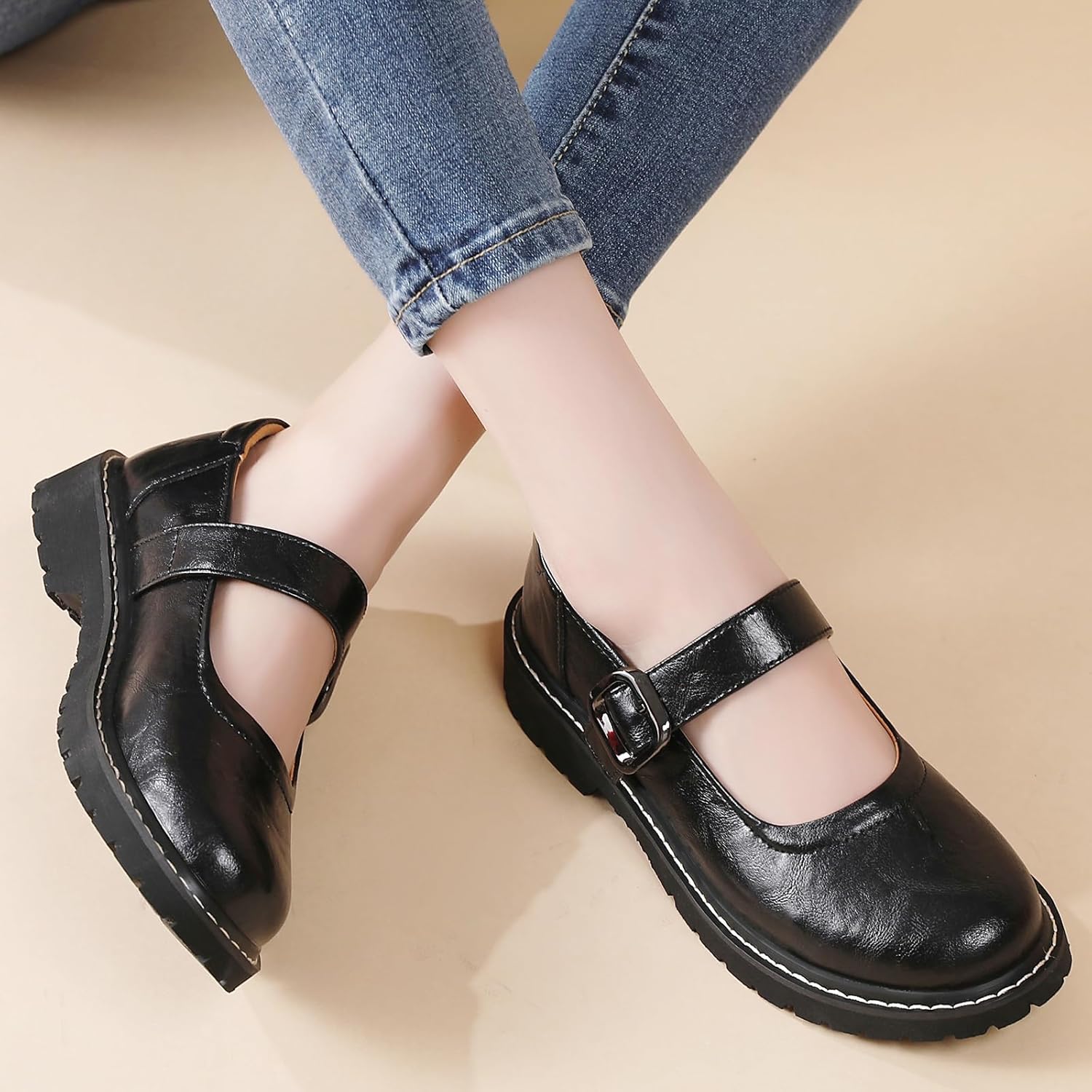 Mary Jane Shoes Women Platform Non-Slip Classics Round Toe Ankle Strap Comfort Casual Oxford Dress Work Mary Jane Flat Shoes - Image 2