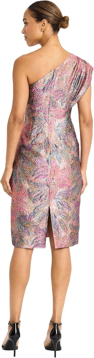 Maggy London Women's One Shoulder Metallic Jacquard Evening Dress - Fitted Special Occasion Cocktail Dress