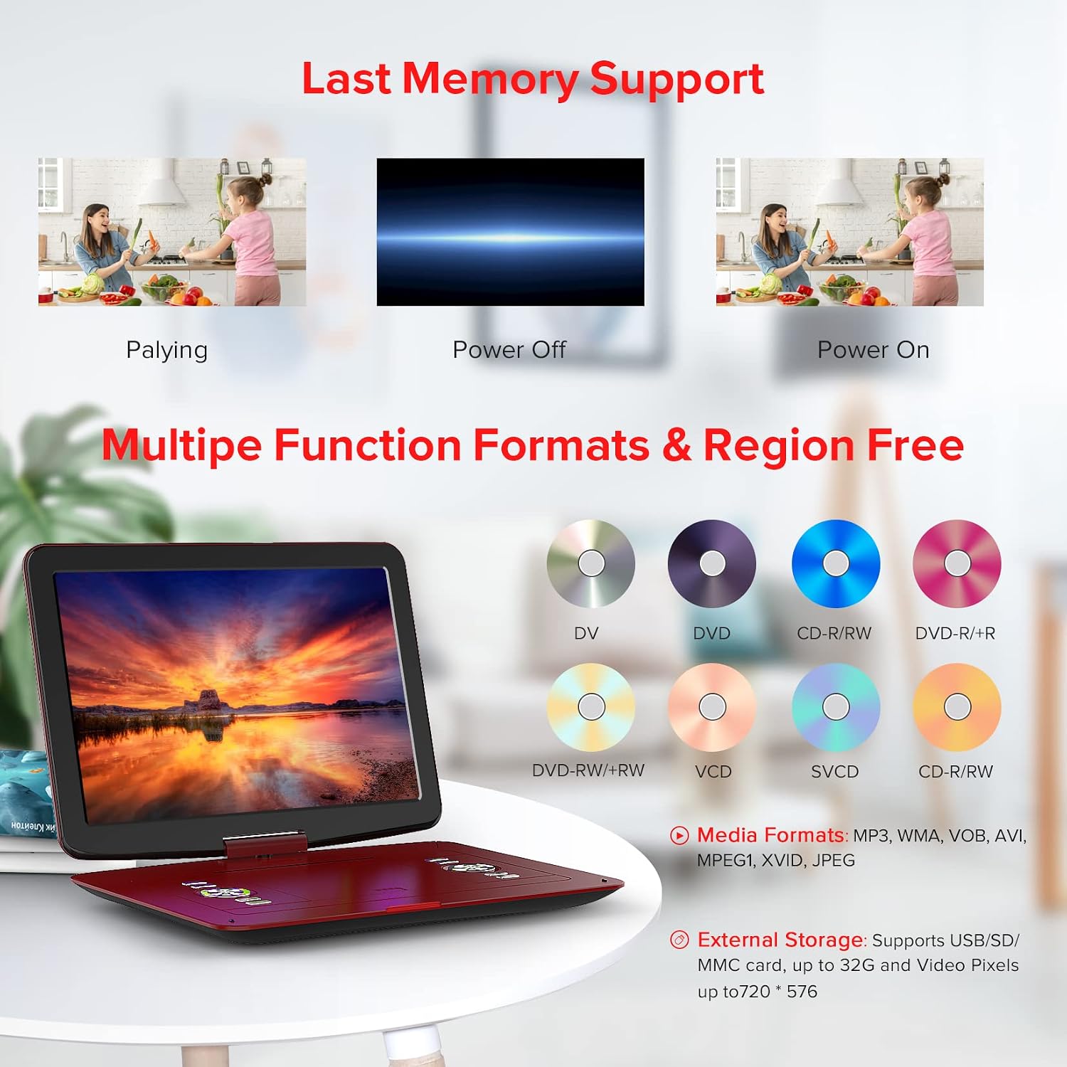 WONNIE 17.9" Portable DVD Player with 15.4" Large Swivel HD Screen, 6 Hours 5000mAH Rechargeable Battery, Support USB/SD Card/ Sync TV, Regions Free, Car Charger, Remote Control for Kids, Red