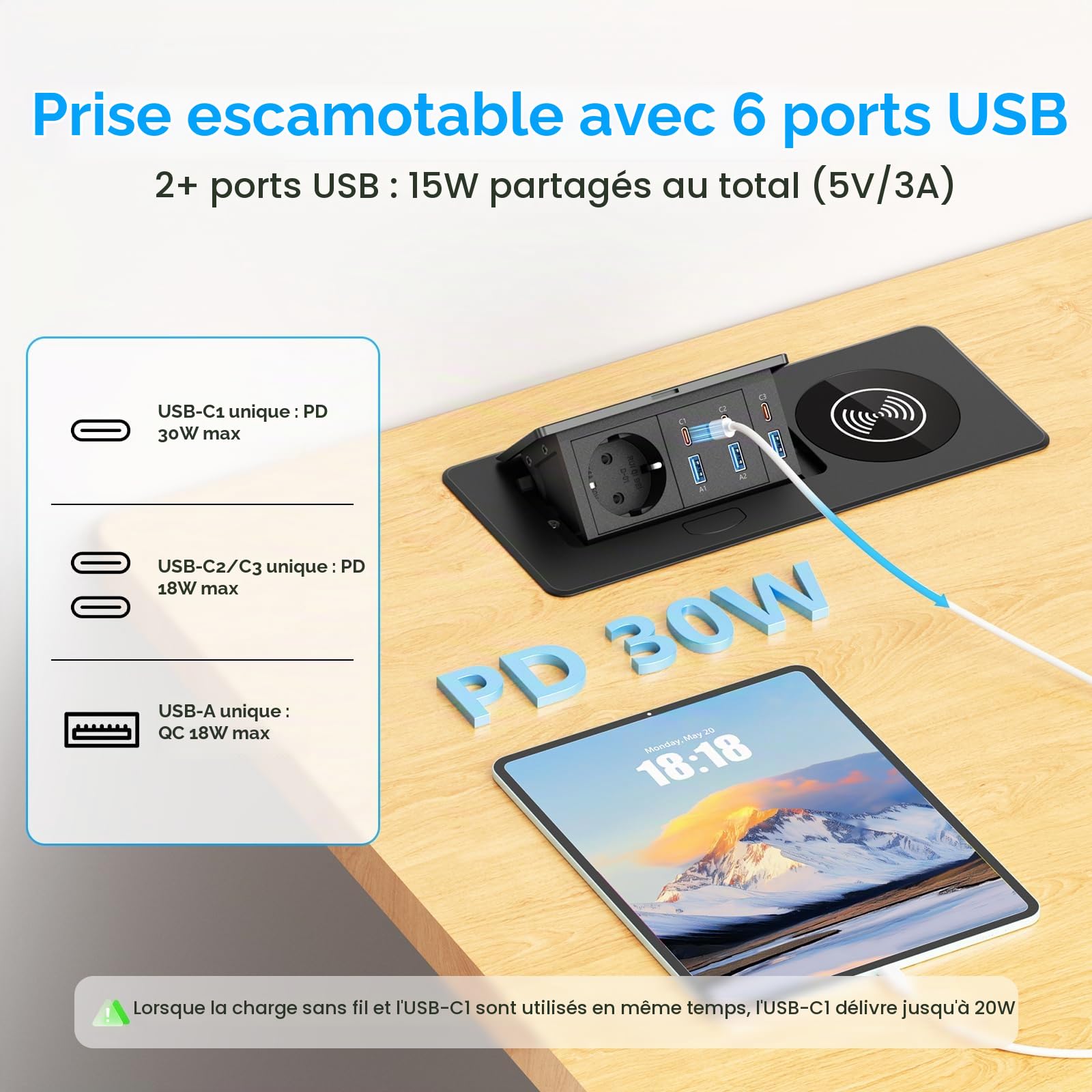 Alpheus Prise Encastrable Plan de Travail, Charge sans Fil 15W, USB-C1 30W