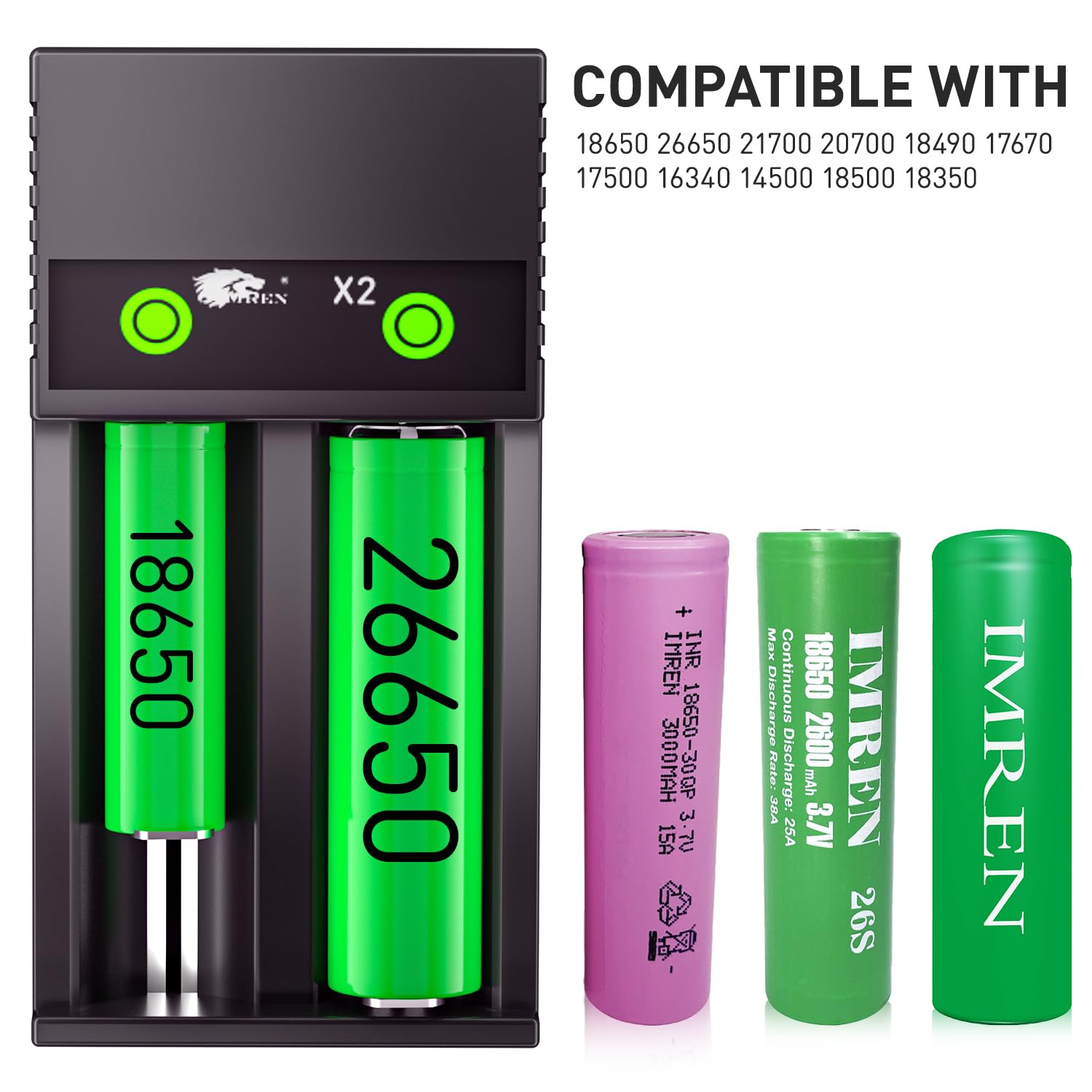 Chargeur IMREN Pour Piles 18650, 21700, 26650 - 2 Slots, USB-C, Charge Rapide 1A - Li-ION 3.7V
