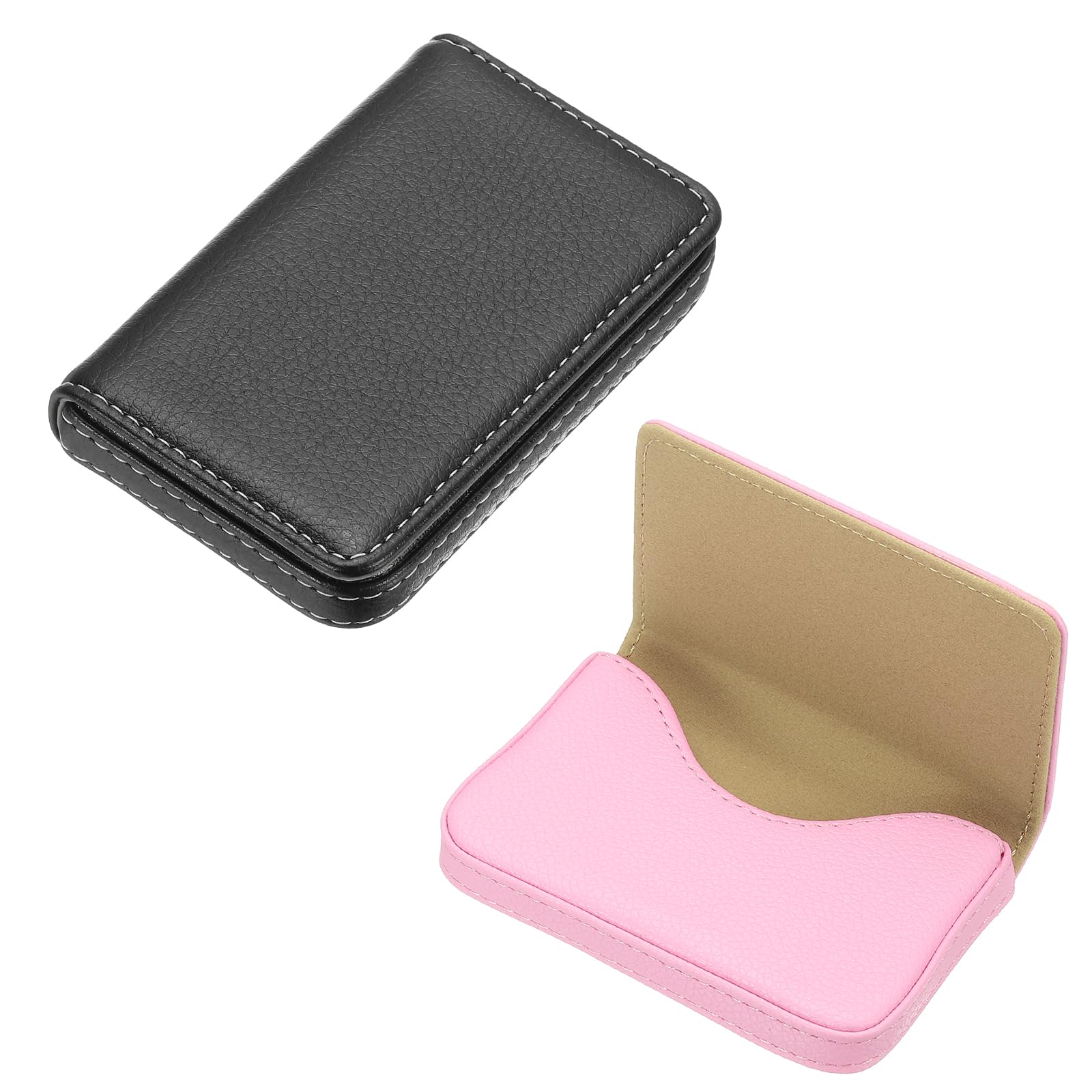 PATIKIL PU Leather Business Card Holder, 2Pcs Name Card Case with Magnetic Shut Wallet Pocket Carrier for ID Card Men Women, Black/Pink