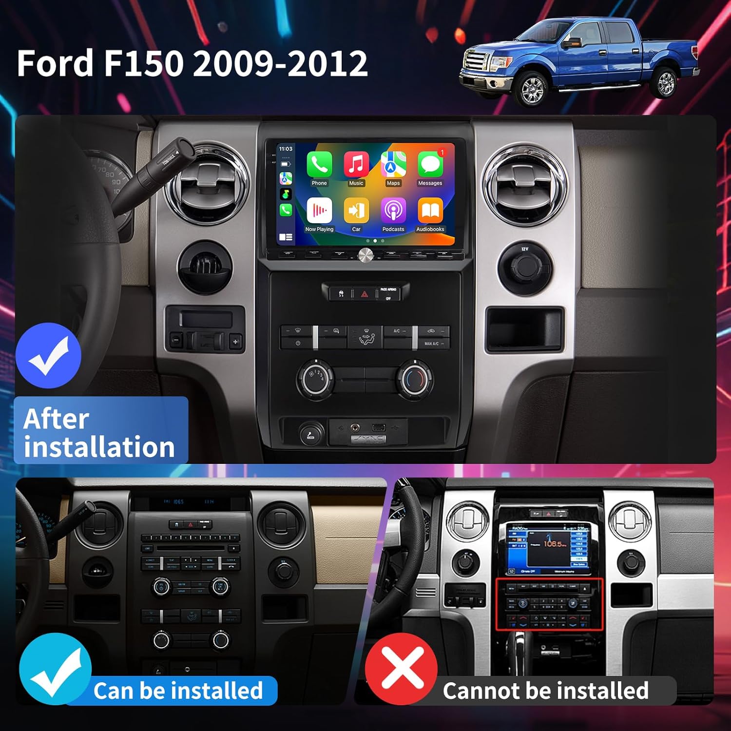 Car Radio Stereo for Ford F150 2009-2012 Replacement Carplay Android Auto GPS Navigation Tesla Style with DSP in Dash Headunit Multimedia Player
