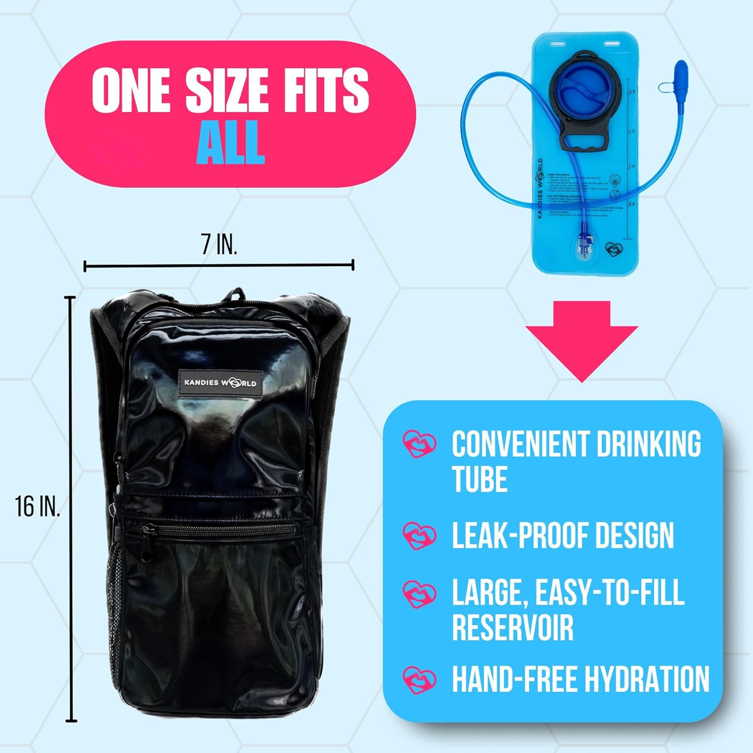 Kandies World Reflective Festival Hydration Pack - 2L Hydropack for Raves, Hiking, Biking, Running, and More (with Anti-Theft Pocket)