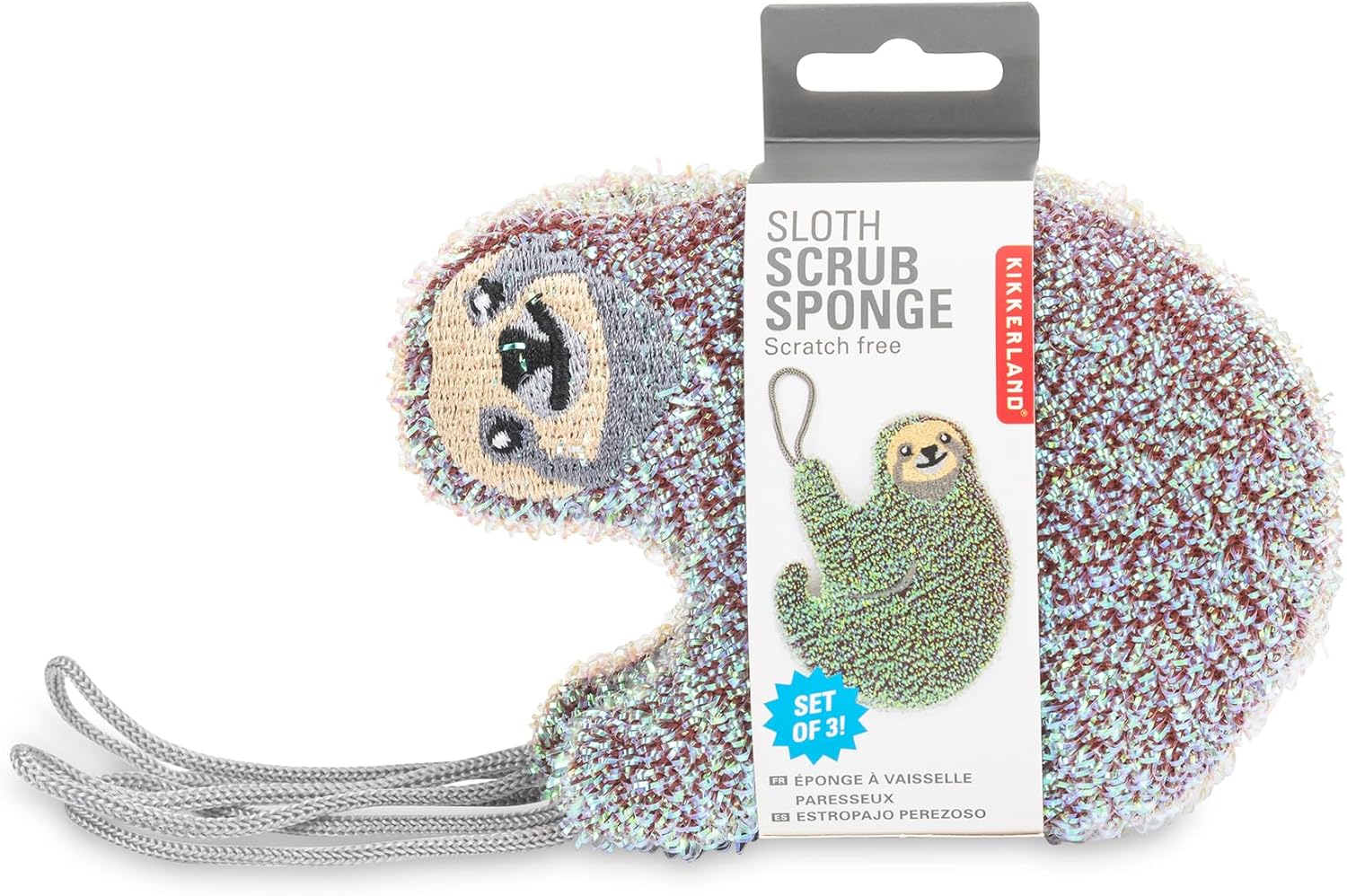 Kikkerland Reusable Sloth Scrub Sponge – Cleaning Supplies for Kitchen, Home Essentials – Fun Gifts for Kids & Adults – Set of 3