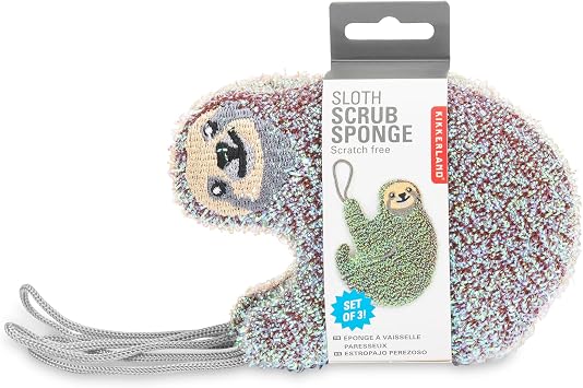 Kikkerland Reusable Sloth Scrub Sponge Cleaning Supplies for Kitchen, Home Essentials Fun Gifts for Kids & Adults Set of 3