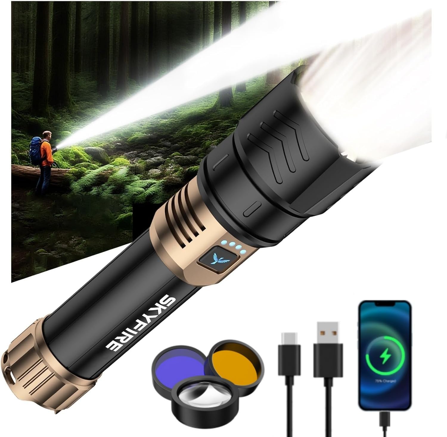 SKYFIRE Flashlight with Ignition Lens&Yellow/Blue Light,3000lm Super Bright Rechargeable Flashlights High Lumens,Zoomable,Waterproof Tactical Flashlight for Camping,Outdoor &Gifts