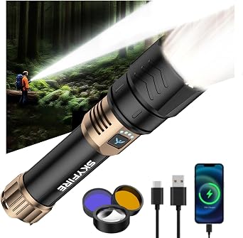 SKYFIRE Flashlight with Ignition Lens,Yellow/Blue Light,3000lm Flashlights High Lumens,Super Bright Rechargeable Zoomable,6Modes,Waterproof Tactical Flash Light for Camping,Outdoor and Home,Gift