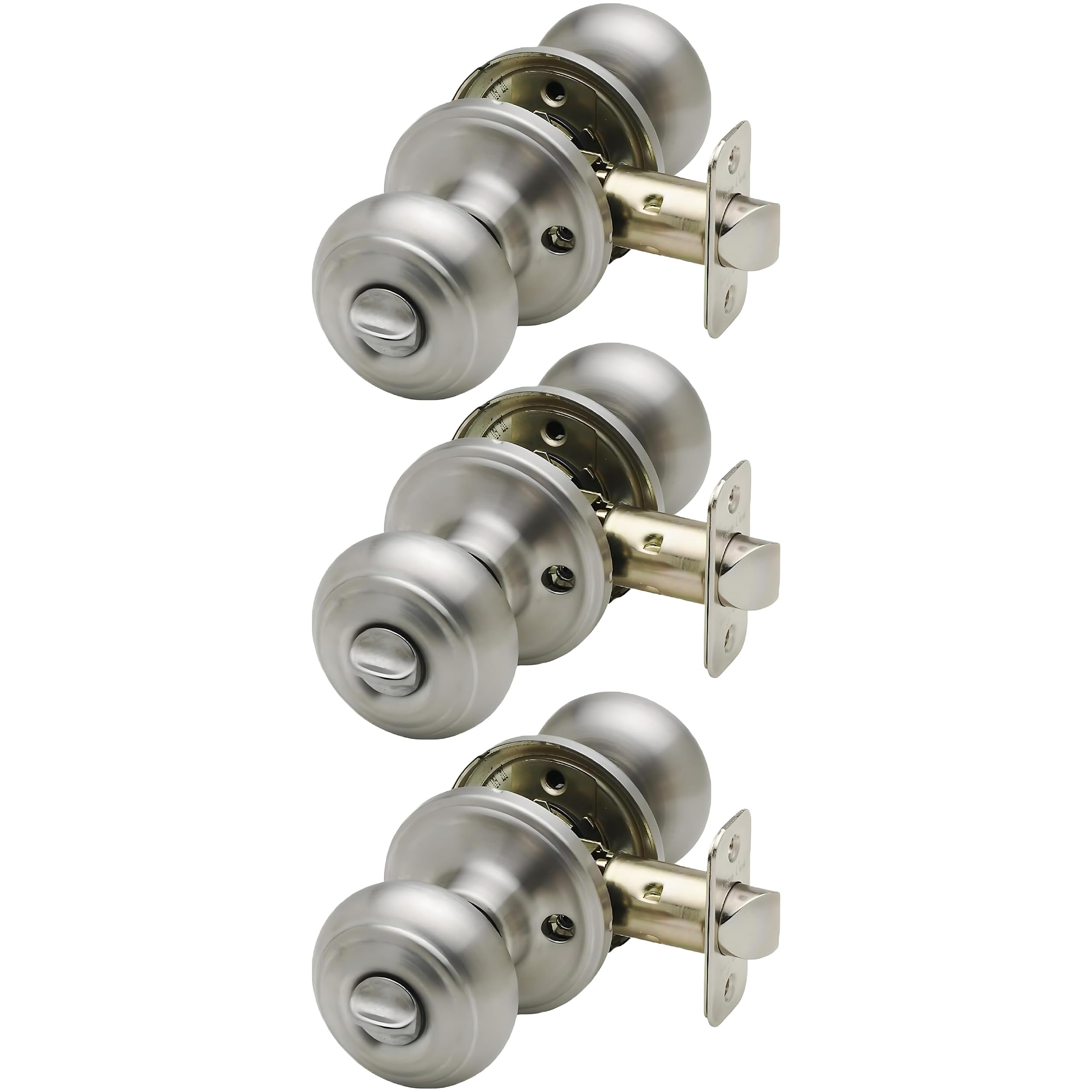 Copper Creek Privacy Interior Door Knob – ANSI Grade-3 Certified, Modern Heavy Duty Handle, Easy Install and Reversible for Bedroom, Bathroom & Closets – Satin Stainless (3 Pack)