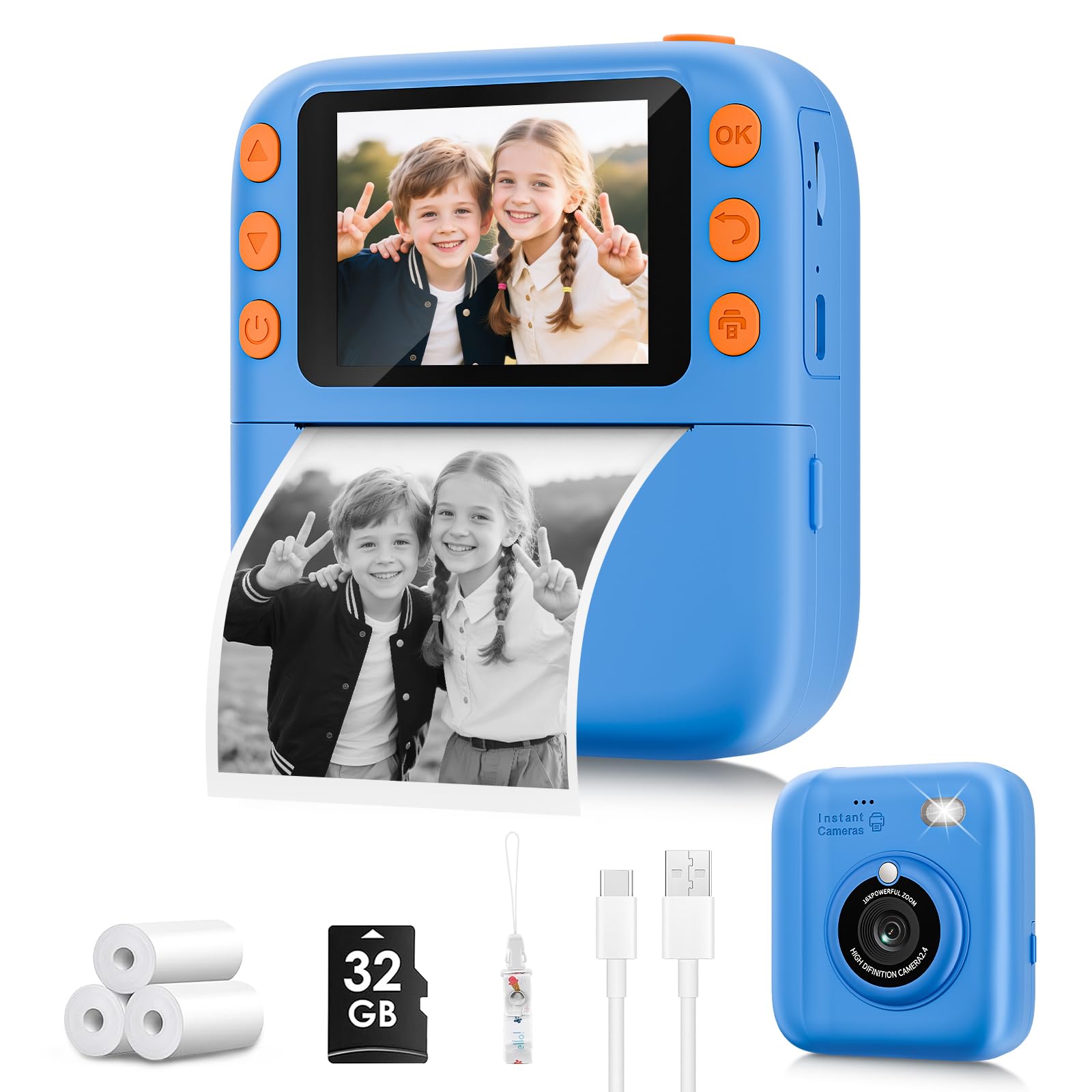 Instant Print Camera for Kids, Christmas Birthday Gifts for Girls Boys, 1080P Instant Digital Print Cameras for Toddler,Portable Toy for 4 5 6 7 8 9 10 Year Old Girl with 32GB SD Card，Blue