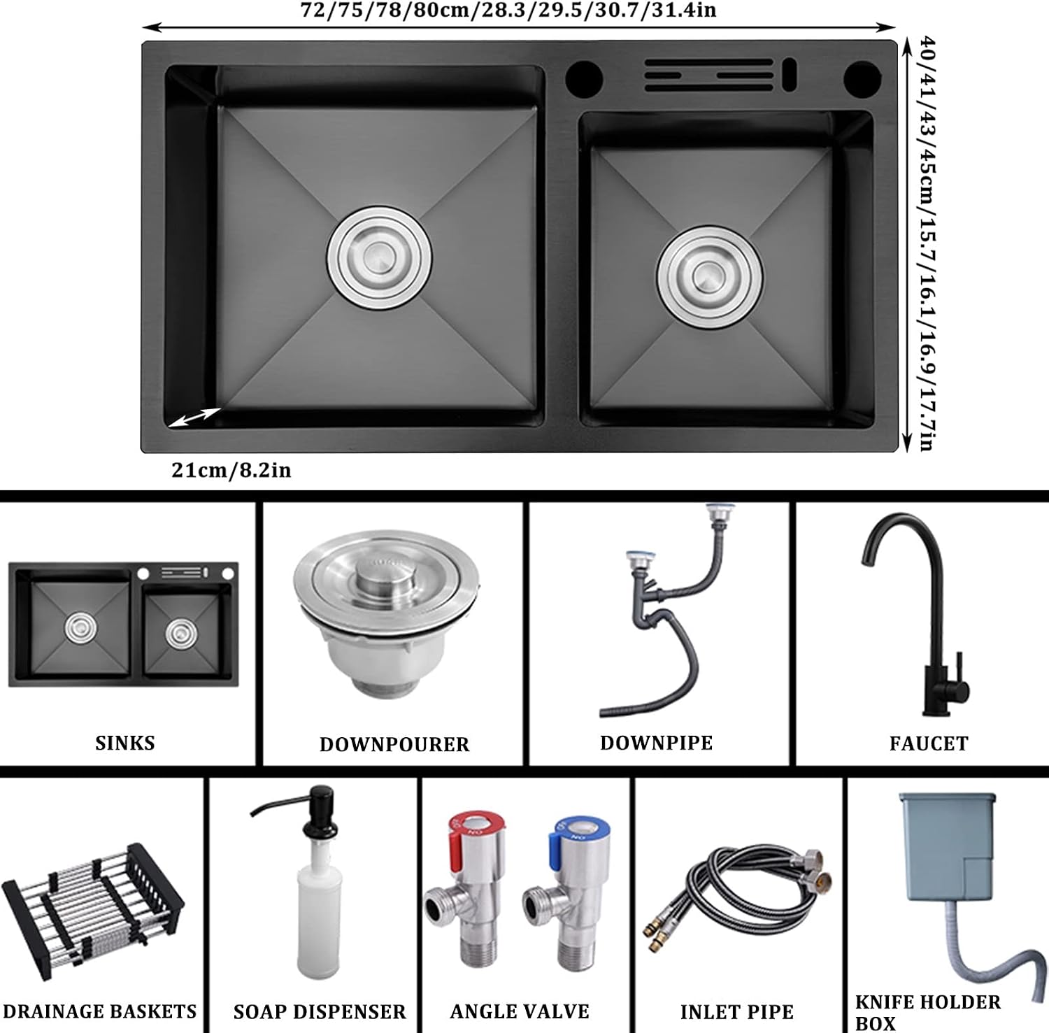 Black Kitchen Sink 304 Stainless Steel Double Bowl Bar Sink Square RV Sink with Faucet & Drain Top Mount Or Undermount (Color : Black-A, Size : 80x45x21cm)