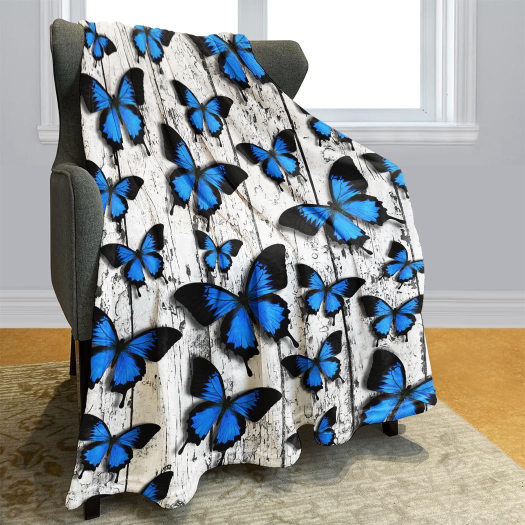 60"x80" Vintage Blue Butterfly Blanket - Soft Fleece Throw, Rustic Wood Design for Couch