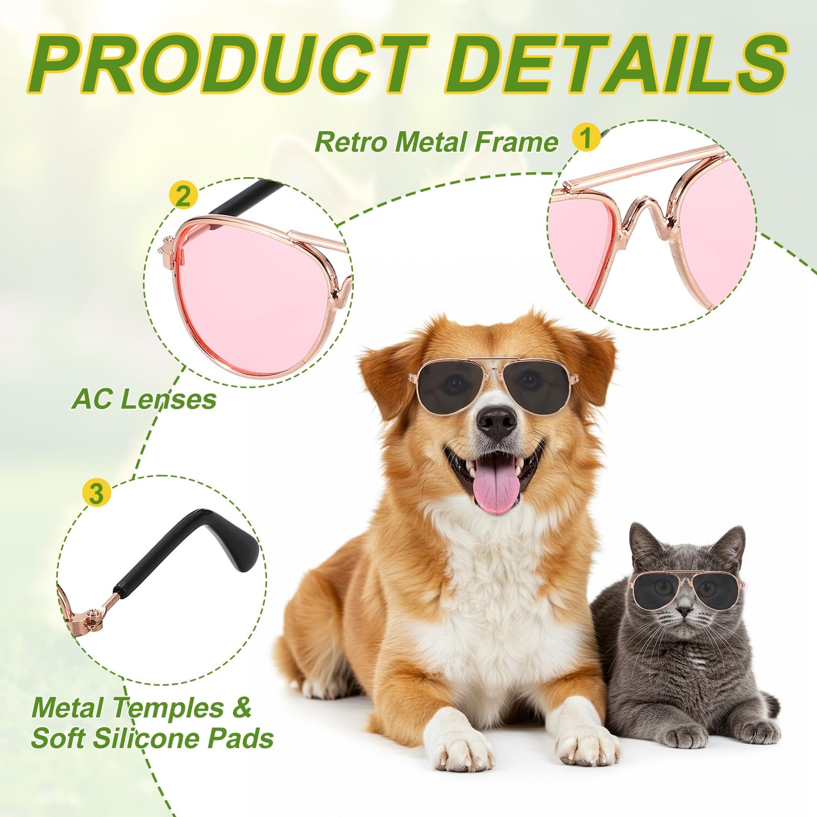 Okulary przeciwsłoneczne dla psów, retro, dla psów, kociąt, klasyczne, metalowe okulary, cosplay, kostium fotograficzny, rekwizyty, urocze mini okulary (lotnik, różowe soczewki