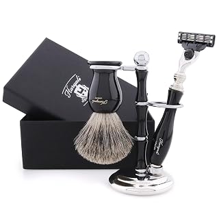 Haryali London Luxus Rasierset für Männer, Rasierhobel Set für Herren, Nassrasierer, 3-Klingen-Rasierer mit Griff, Rasierpinsel set und Rasierständer, Herrenrasierer, Shaving Kit, Geschenk für Männer