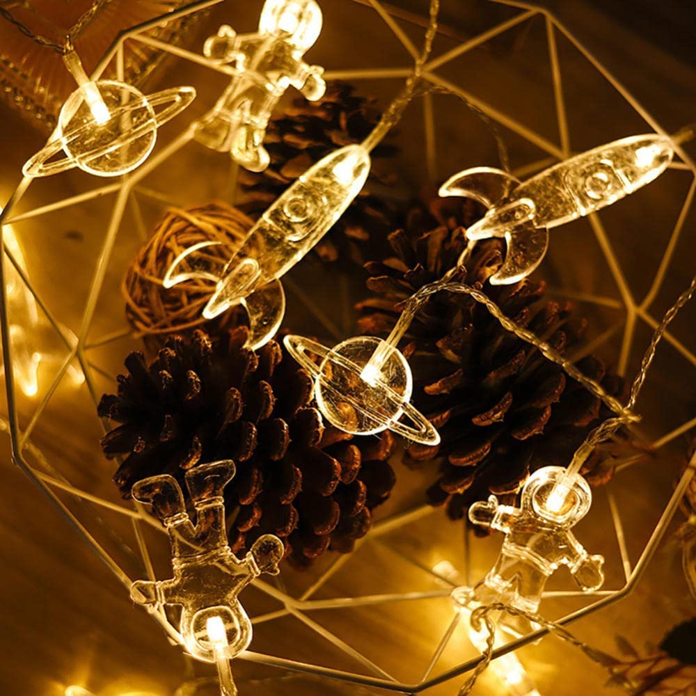 Kreative Lichterkette mit Astronauten-Raumschiff und Rakete | Batteriebetriebene Dekolampe for Kinderzimmer | for Feiertage(Warm White,9.8FT(20LED))