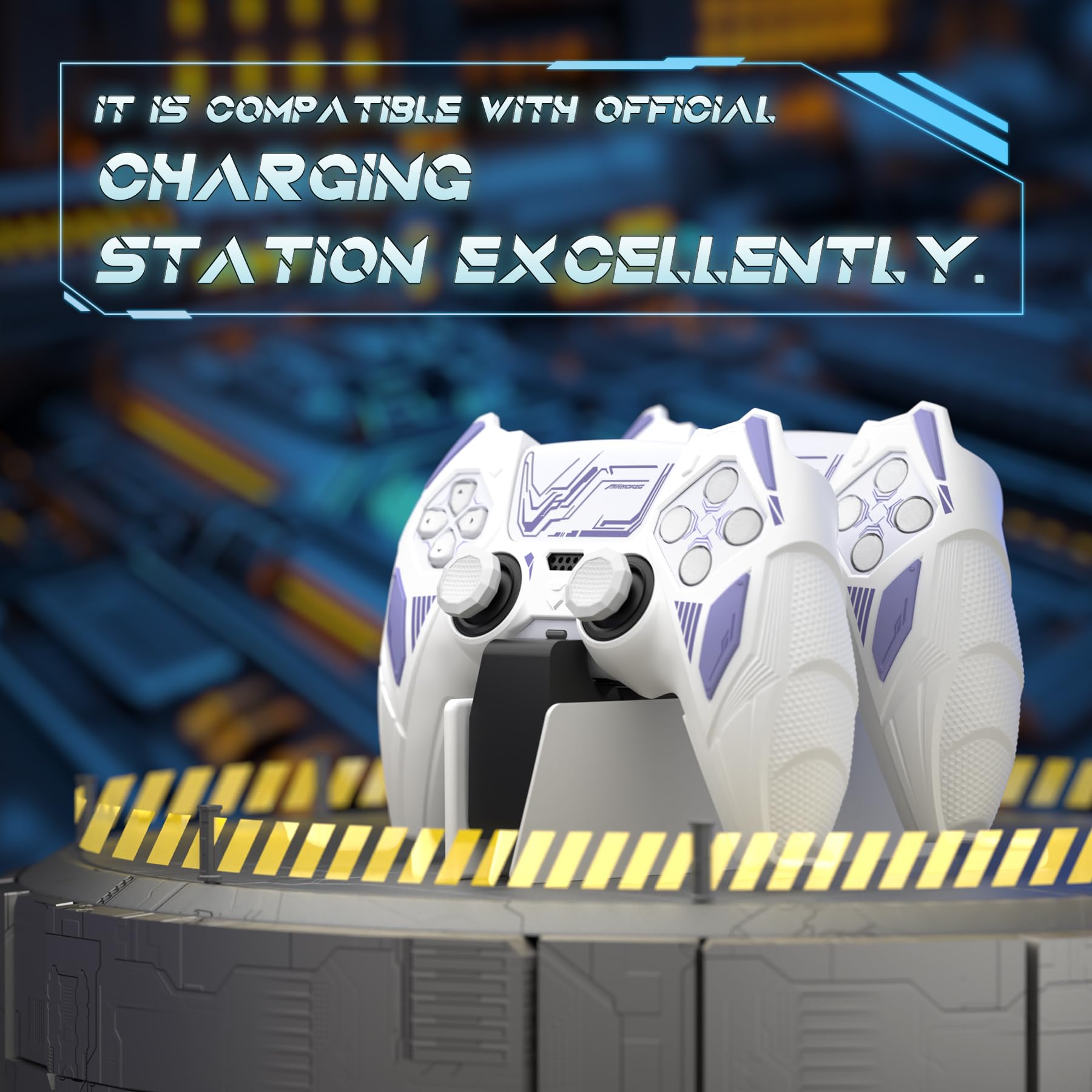 playvital Cover Controller per ps5 Joystick, Compatibile con ps5 Base di Ricarica, Custodia Silicone Antiscivolo Grip Ergonomico per Posizionamento Verticale, Mecha Rhino-Bianco&Lilla