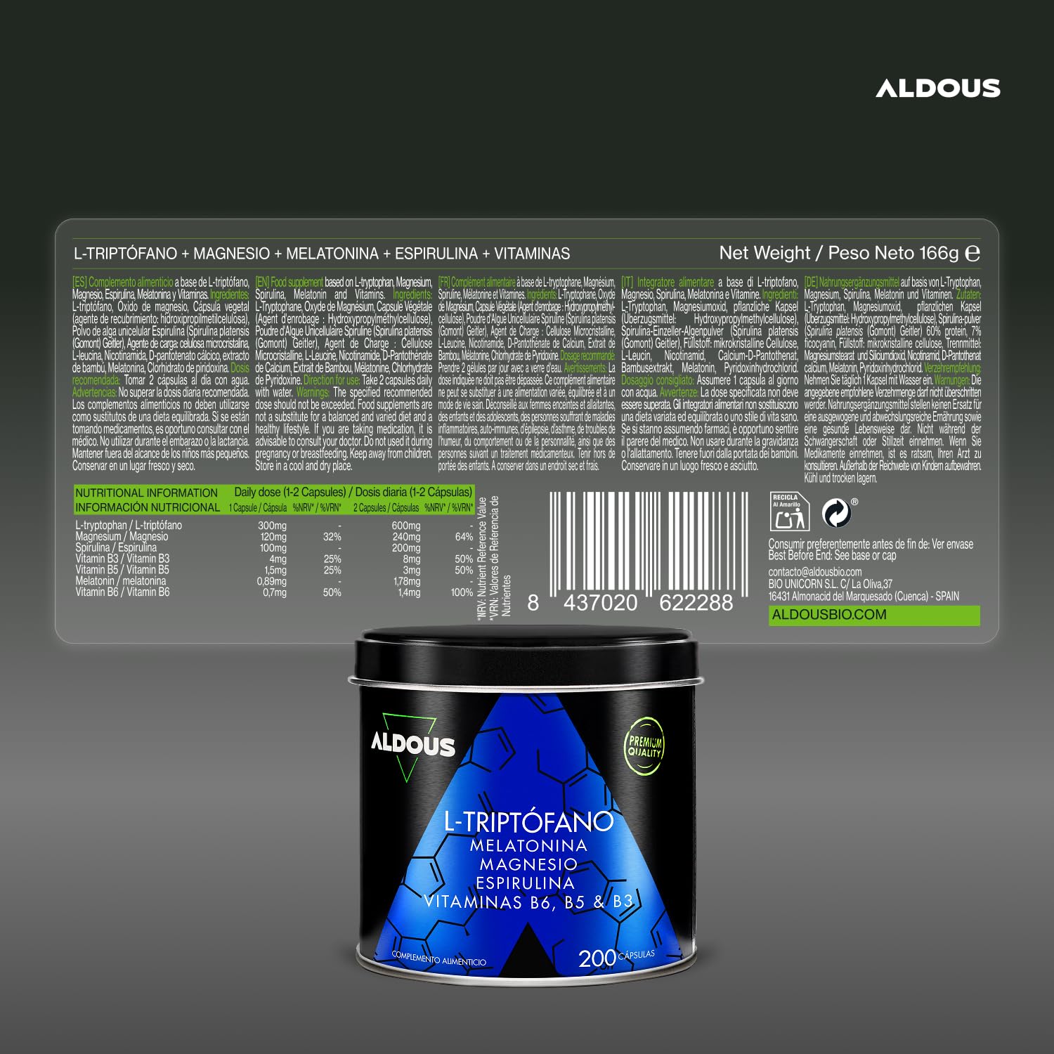 200 Cápsulas Triptofano con Melatonina y Magnesio + Vitamina B6, B5, B3 + Espirulina - Máxima Dosis Sueño + Descanso - 1,78mg de Melatonina con Magnesio - 600mg de Triptófano para Dormir Bien - ALDOUS