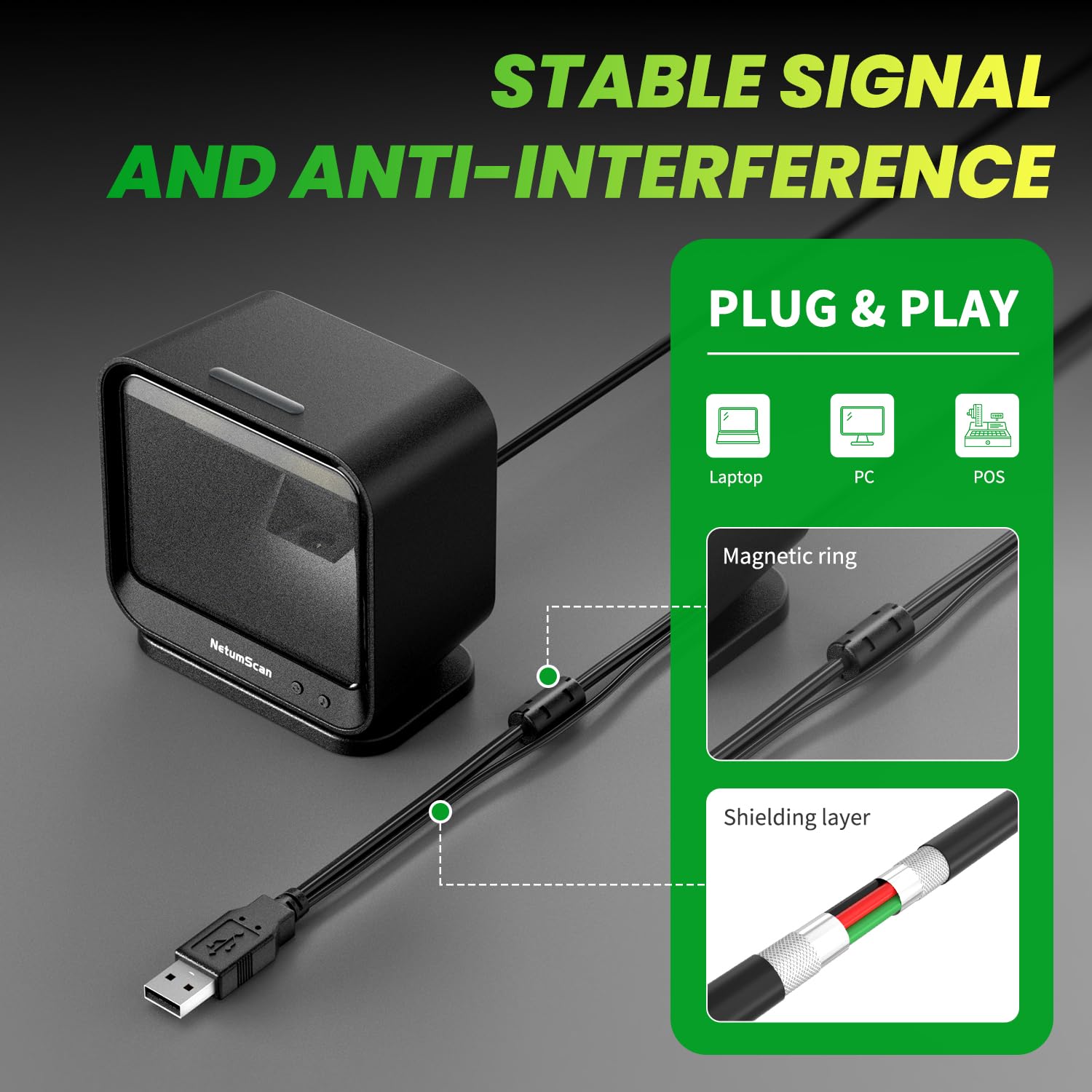NetumScan Escáner de códigos de Barras Manos Libres automático, Lector de códigos de Barras USB 1D y 2D con Amplio ángulo de escaneo, para inventario de almacenes de supermercados minoristas.