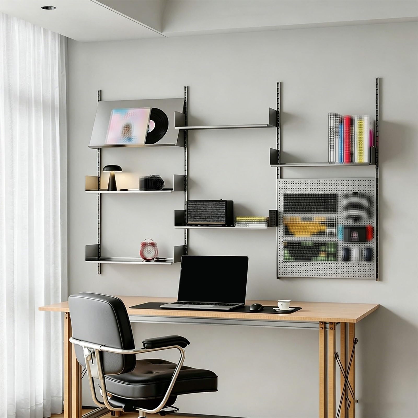 Lochwand Schlafzimmer Metall Edelstahl Pegboard Wandorganizer Höhenverstellbare Regalböden Modulares Wandregal Garage Tragkraft 50Kg für Raumaufbewahrung Organisation und Dekoration