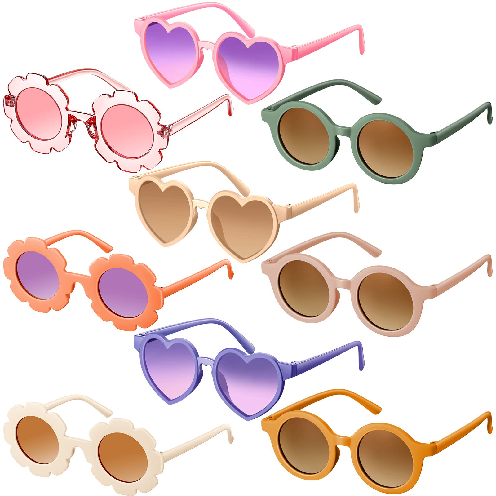 Zhengmy 9 Pairs Kids Sunglasses Round Flower Heart Shaped Sunglasses for Toddler Girl Boy Cute Glasses Party(Lovely Color)