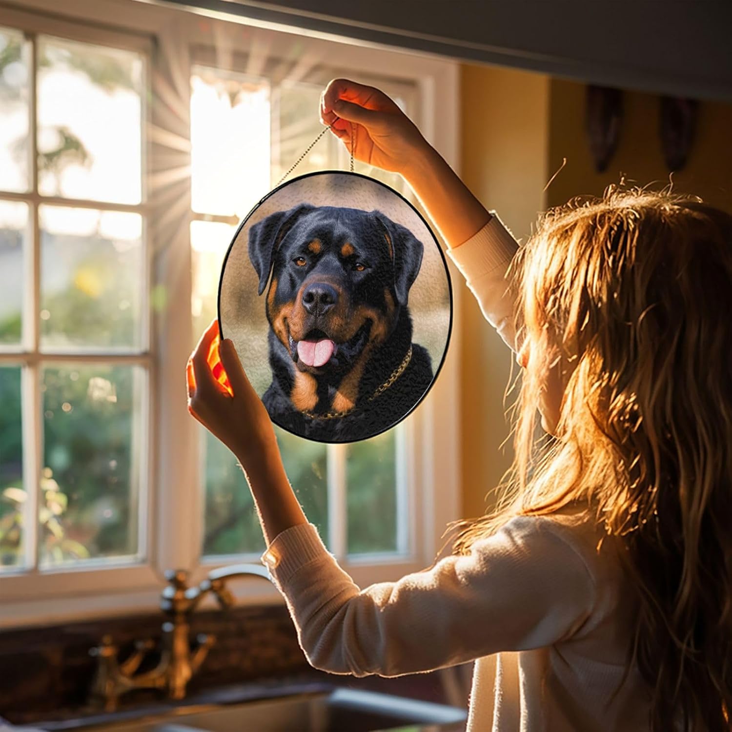 Stained Glass Window Hanging 6in（15cm）, Rottweiler Dog Glass Suncatcher for Home Decor, Indoor Wall Art Glass Panel with Metal Chain and Hooks, Sun Catcher Ornament Birthday Gifts