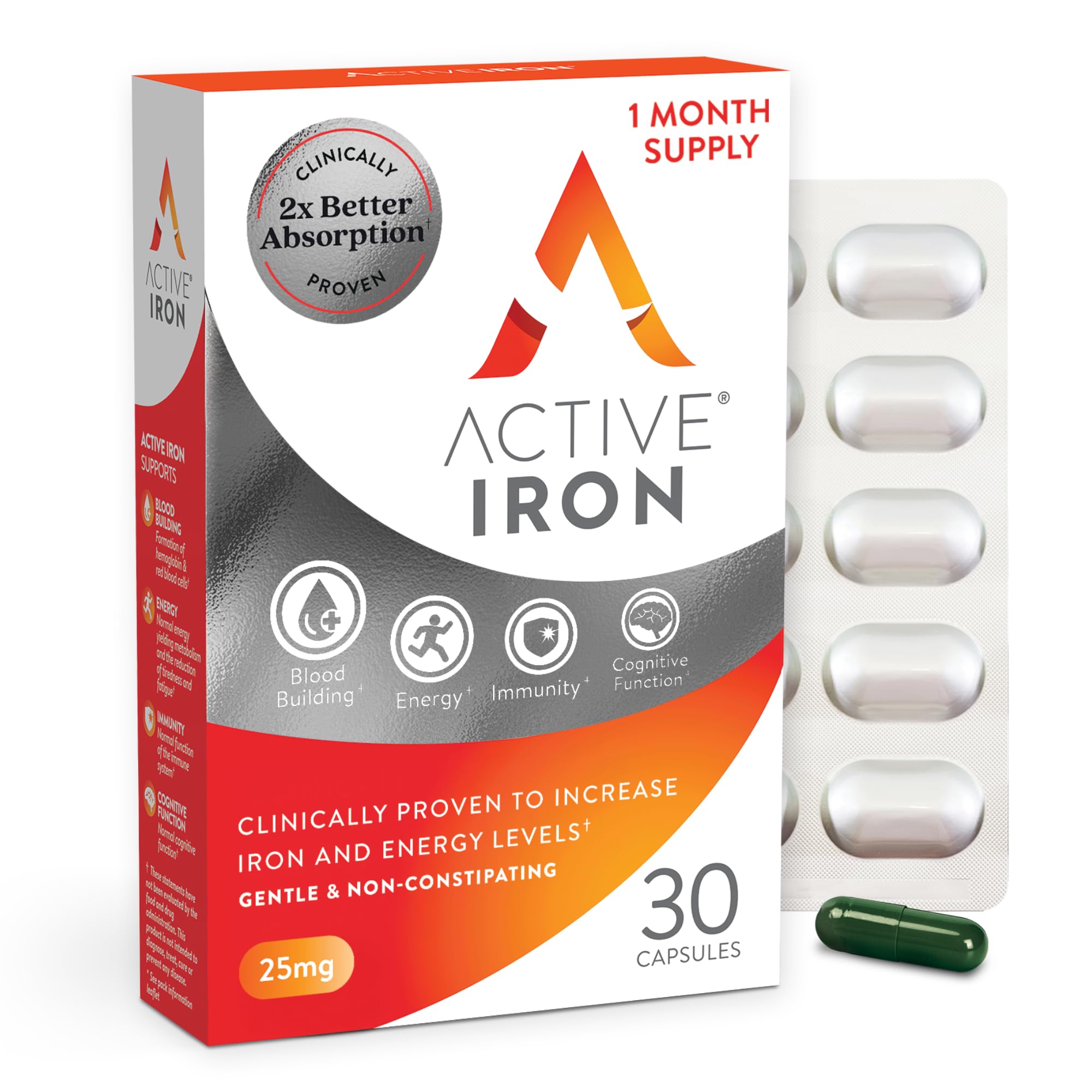 Active Iron Supplement 25mg, Clinically Proven to Increase Iron, Gentle 30 Count (Pack of 1)