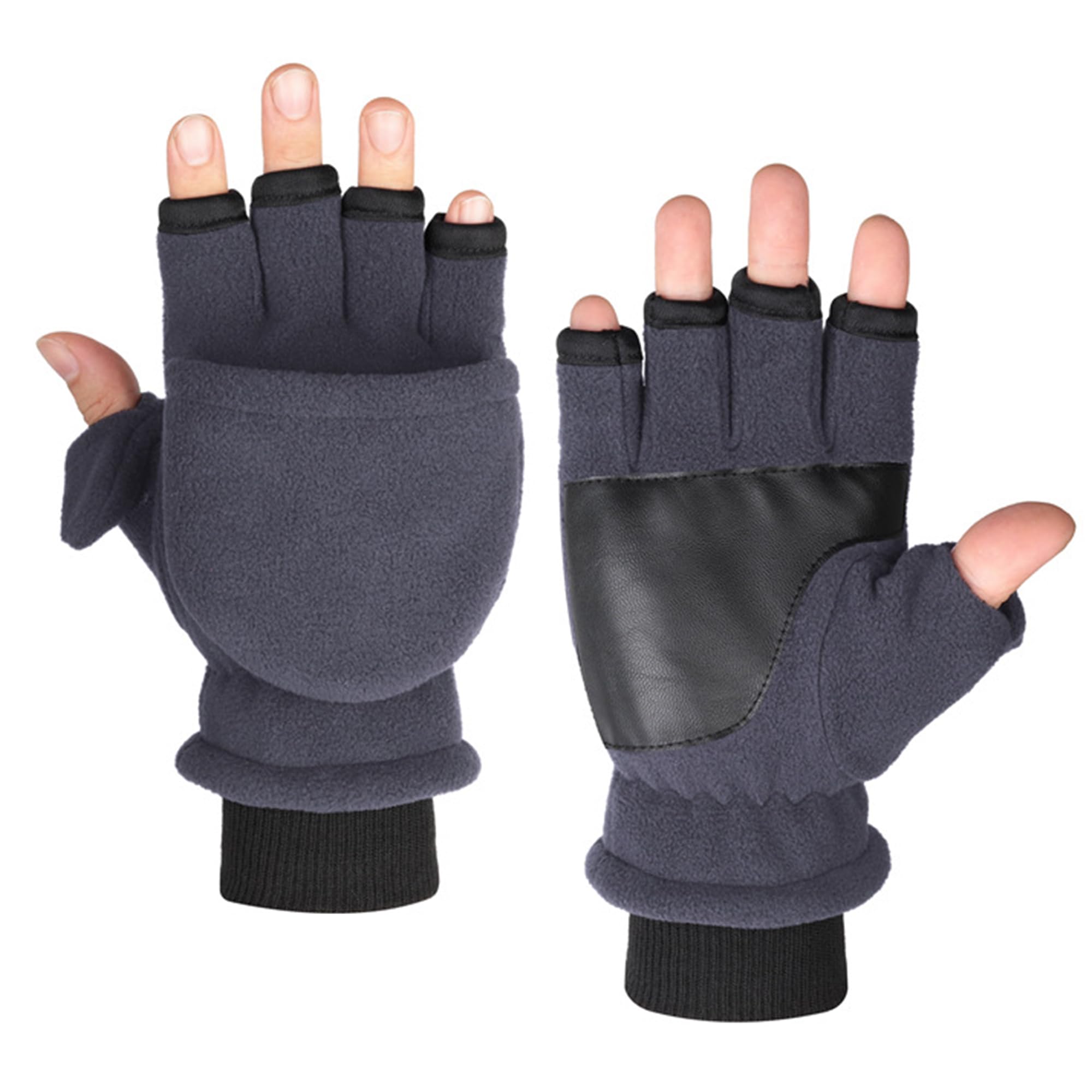 Winter Fingerless Mittens Men Women Convertible Flip-Top Windproof Warm Polar-Fleece Lining Texting Running Gloves