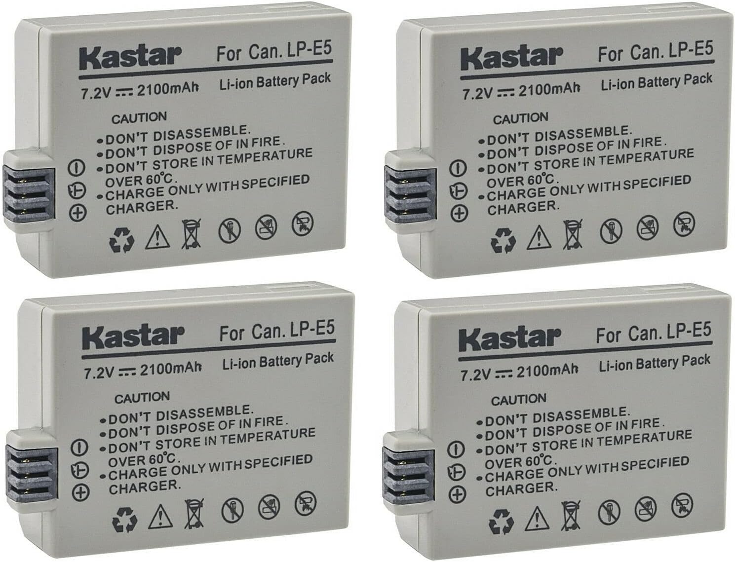 Kastar 4-Pack LP-E5 Battery 7.2V 2100mAh Replacement for Canon EOS Rebel XSi, EOS Rebel XS, EOS Rebel T1i, EOS 450D, EOS 500D, EOS 1000D, EOS Kiss F, EOS Kiss X2, EOS Kiss X3 Camera