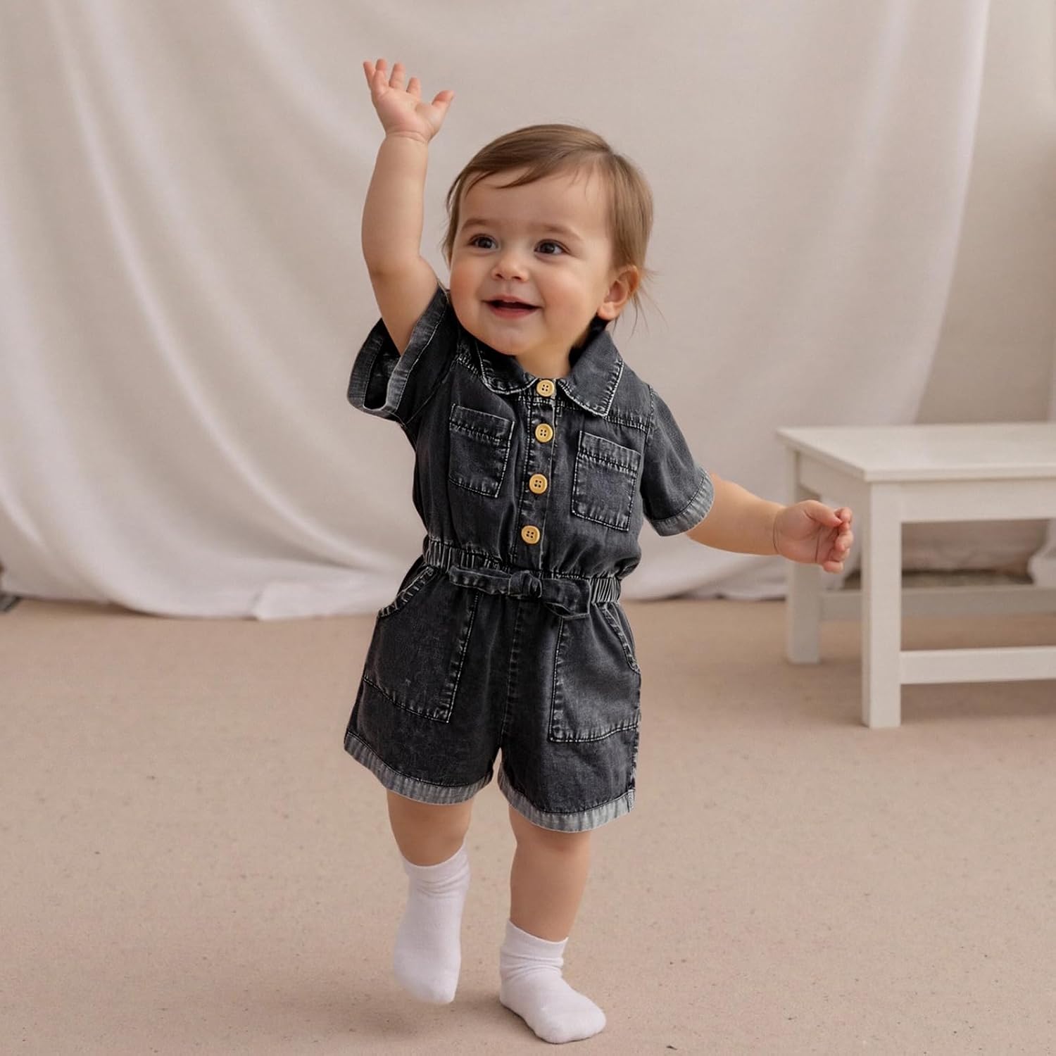 Toddler Baby Girl Denim Jumpsuit Short Sleeve Button Romper Jean Overall Shorts Kid Summer Clothes One Piece Outfit