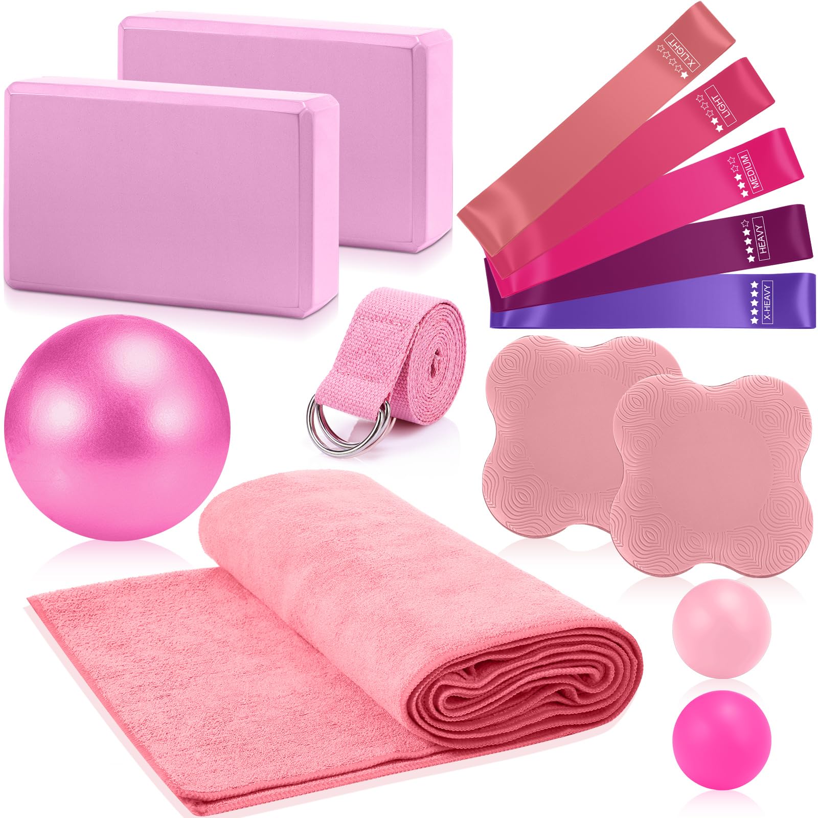 Simgoing 14 kits de yoga para entrenamientos en casa, equipo de pilates para mujeres principiantes, bloques de toalla de yoga caliente, correa, rodillera, banda de ejercicio de bucle de resistencia