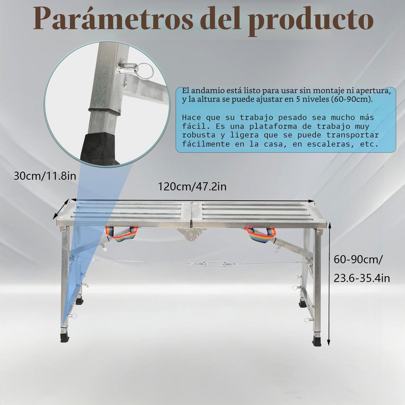Plataforma de trabajo, escalera de aluminio, altura regulable hasta 200 kg, 60-90 cm, andamio portátil plegable, plataforma de trabajo con plataforma, banco de trabajo, escalera plegable para
