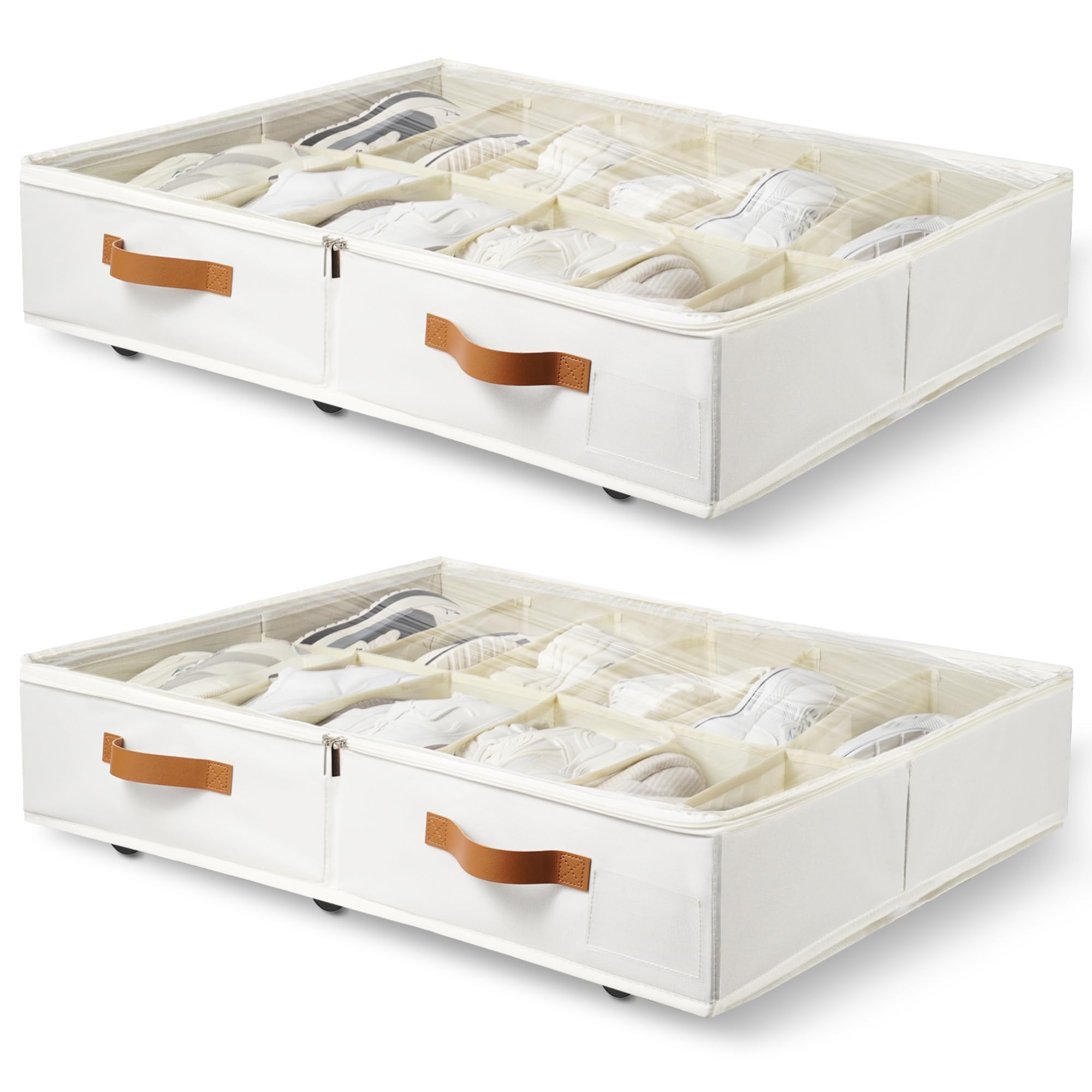 Scarpiera sotto il letto con ruote, confezione da 2, contiene da 12 a 24 paia, robusto organizer per scarpe con coperchio trasparente, cerniere e 3 manici, organizer pieghevole in tessuto per