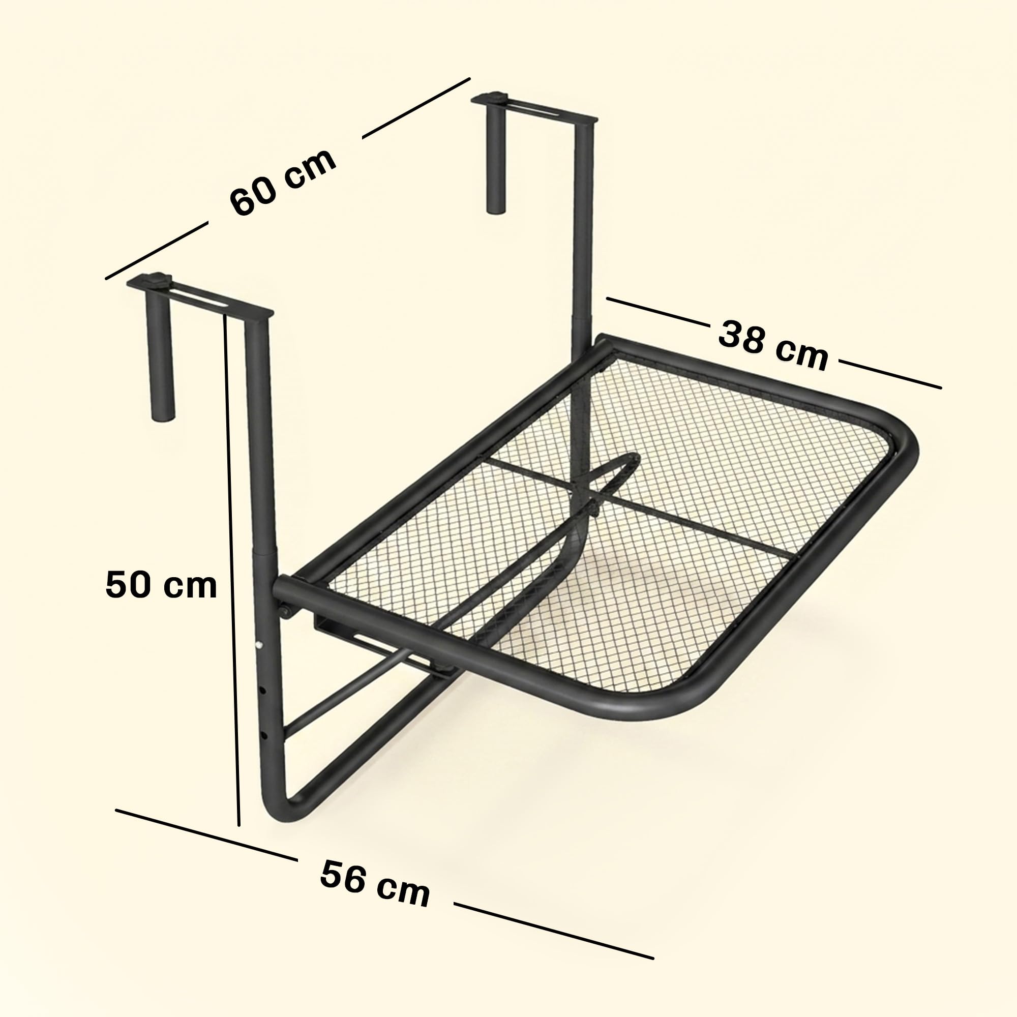 Outsunny Tavolino da Balcone Pieghevole in Metallo 3 Altezze Regolabili 60x56.5x45cm Nero