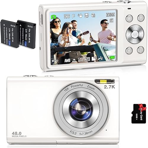 Digital Camera Auto Focus 2.7K Vlogging Camera HD 48MP 16X Digital Zoom Camera with 32G Memory Card 2 Batteries YouTube Portable Mini Compact Camera for Kids Teens Adult Beginner