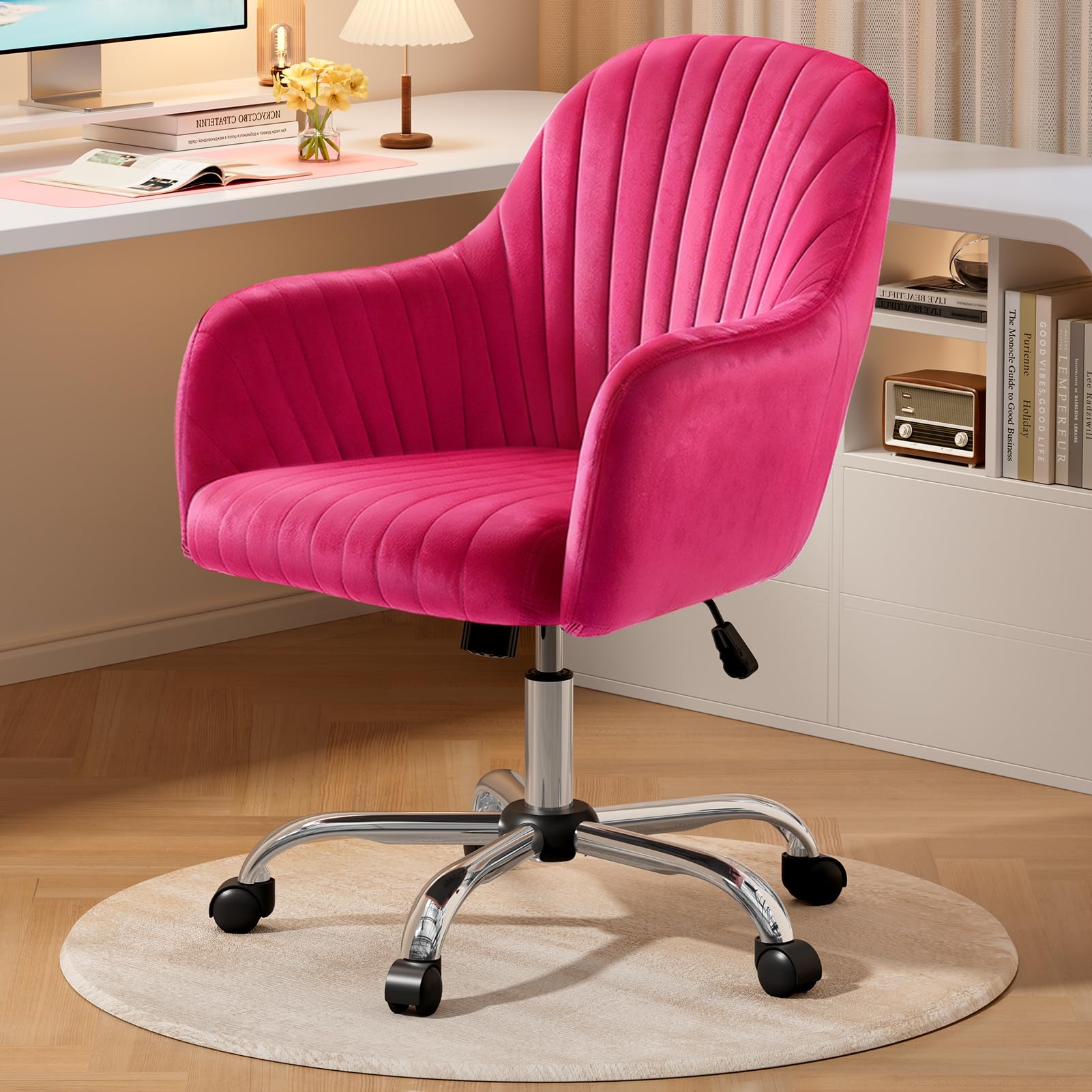 Warmiehomy Velvet Desk Chair for Home Office, Modern Adjustable Swivel Task Chair, Women Vanity Chairs with Arm Rest for Bedroom Dressing Room, Barbie Pink