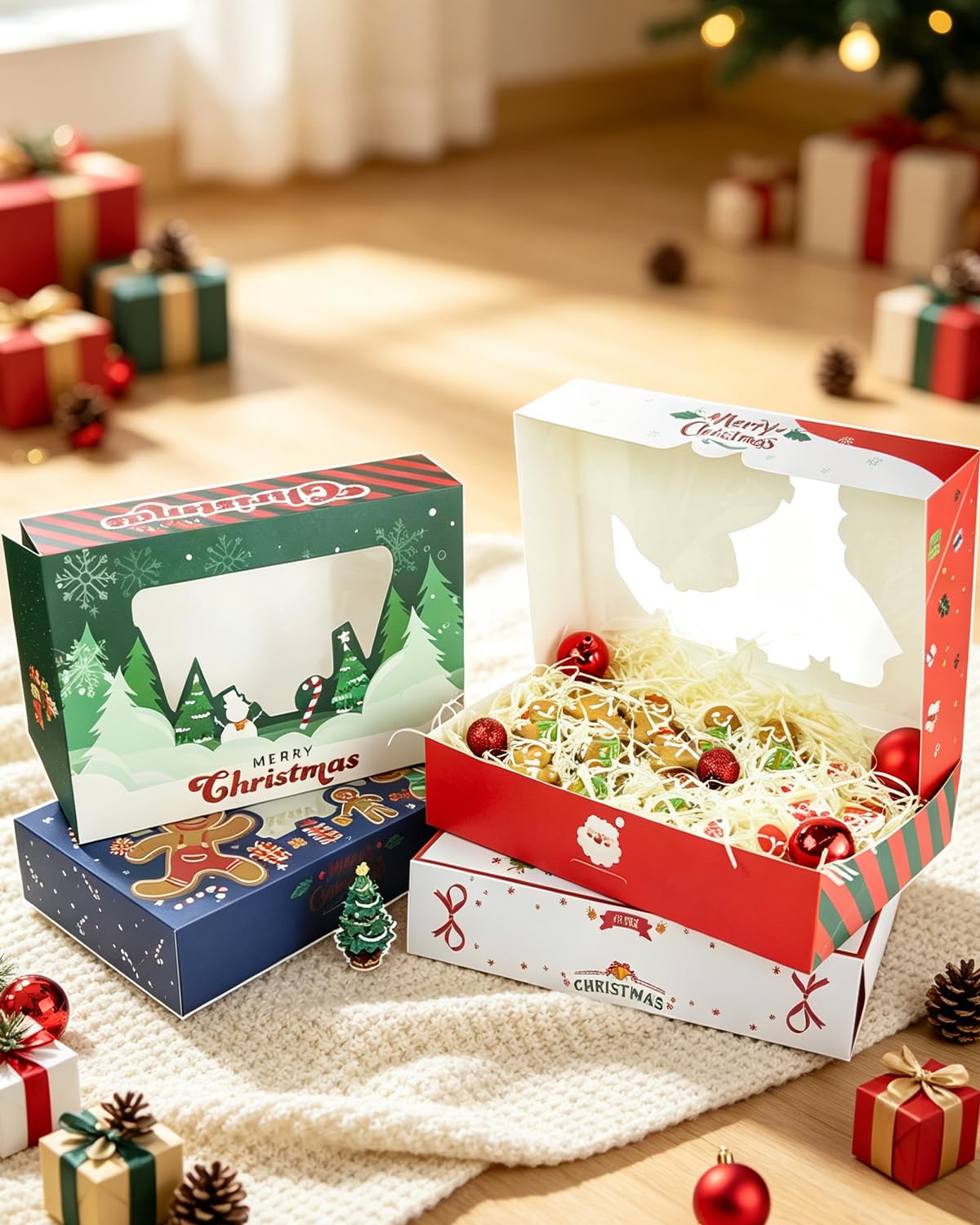 qiqee Scatola per biscotti di Natale con finestra, 30,5 x 20,3 x 6,3 cm, 12 confezioni Auto-pop up Due usi Un secondo pieghevole per pasticceria biscotto scatola da forno per imballaggio