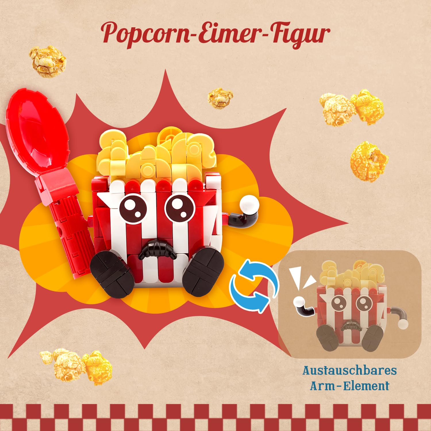PANTASY Retro Popcornmaschine Klemmbausteine Set | Interaktives Kinomodell mit Drehkurbel, Figur und Popcorn-Elementen, nostalgische Display-Deko für Film- und Retro-Fans