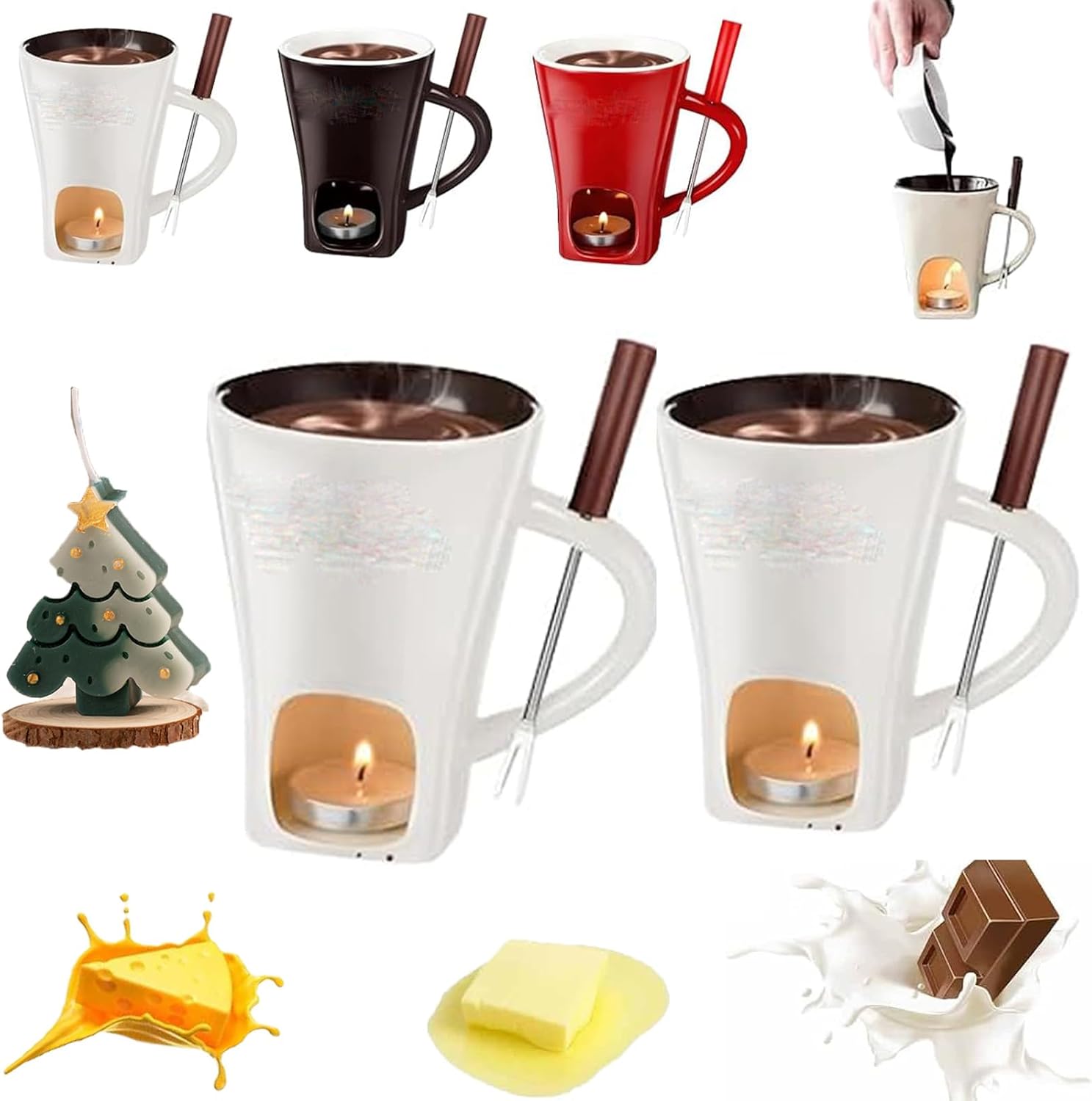 2026 New Chocolate Melting Cup, Ceramic Sweet Handmade Chocolate Fondue Mug Set, Portable Melting Mug with Forks, for Date Night Birthday Wedding Gifts (3PCS)