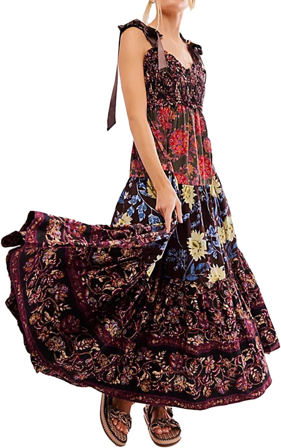 Women Floral Maxi Dress Sleeveless Tie Shoulder Bohemian Flowy Smocked Dresses Casual Summer Sundress with Pockets