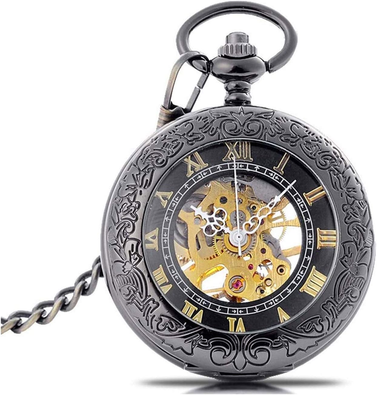 Pocket Watch,Pocket Watch Retro Mechanical Hand-Wind Pocket Watch Roman Numerals Fob Watch for Men Women with Chain