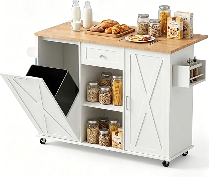 52" Kitchen Island with Storage & Drop Leaf, Rolling Kitchen Cart with Trash Cabinet, Drawer, Spice Rack & Towel Bar, Mobile Kitchen Island Table for Small Kitchen Apartmen