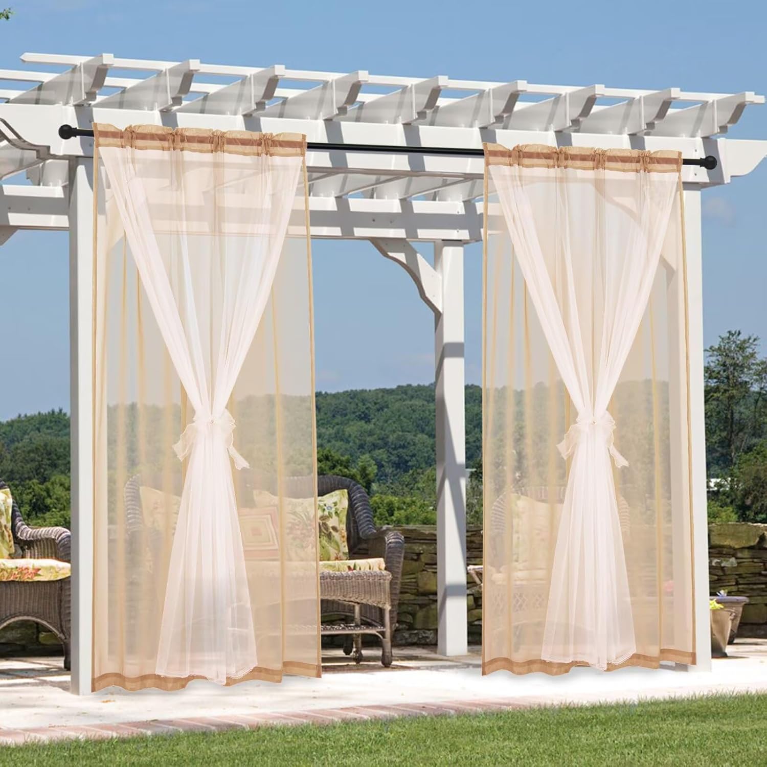 Outdoor Sheer Curtains for Patio - 2 Layer Waterproof Voile Sheer and Breathable Mesh Net Privacy Added Light Filtering Curtain for Porch Yard Pergola, 2 Panels Beige 52W x 84L Inch