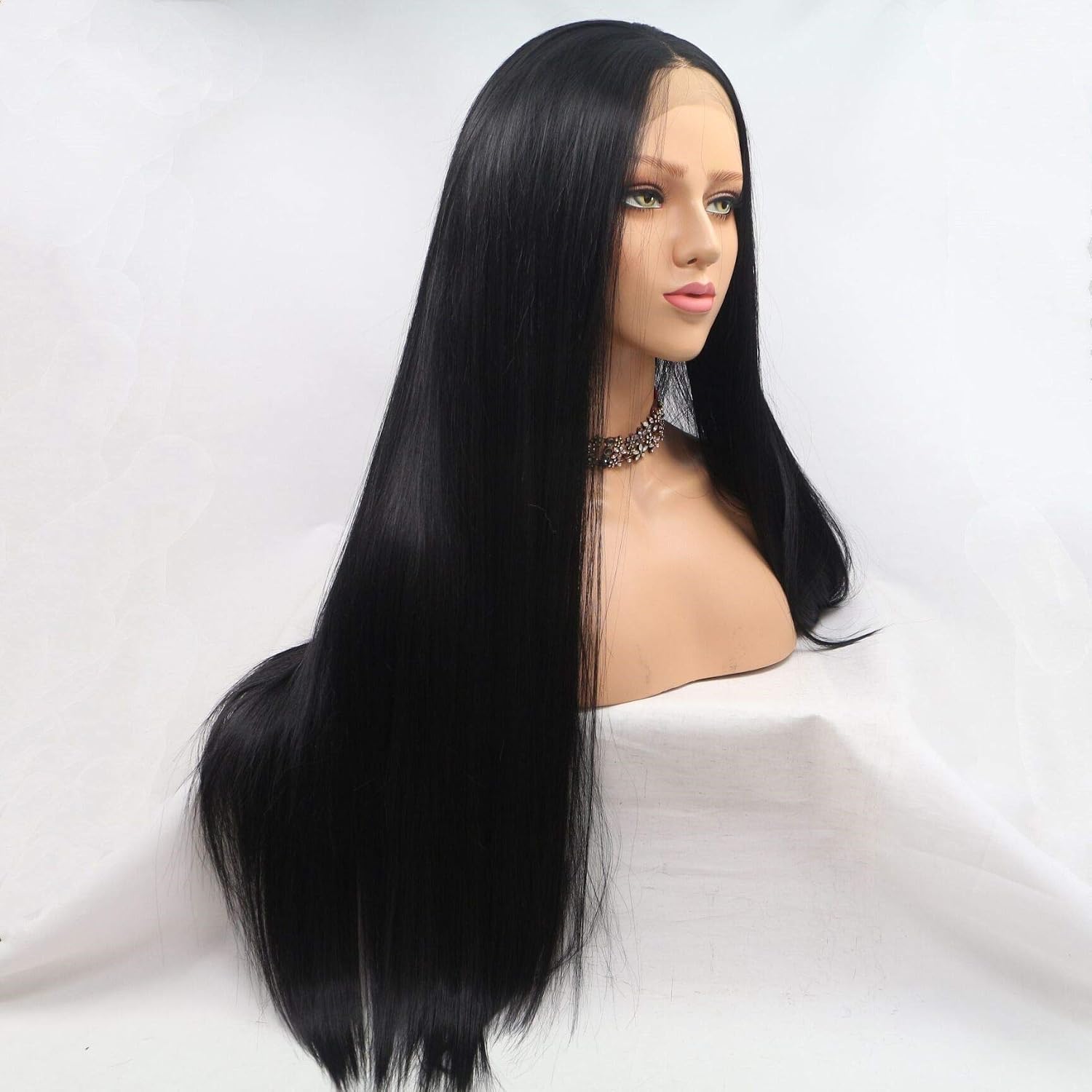 Lucyhairwig 180% Density Black Synthetic Lace Front Wig Long Straight Heat Resistant Fiber High Temperature Replacement Lace Front Wigs For Women Daily Makeup Wigs 24inch