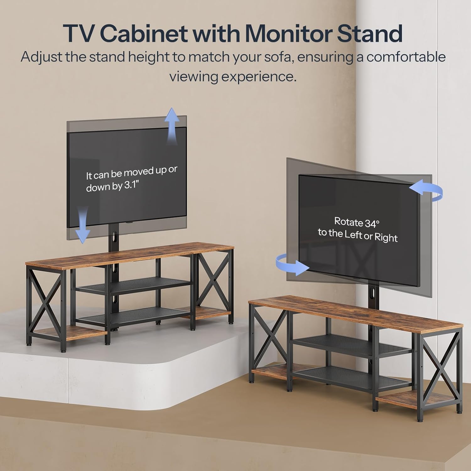 HOOBRO TV Stand with Mount and Power Outlet, LED Entertainment Center with Swivel Mount for 32/45/55/60/65/70/75 inch TVs, 3-Tier Storage Shelf for Living Room, Bedroom, Rustic Brown BF46UDDS01 - Image 7