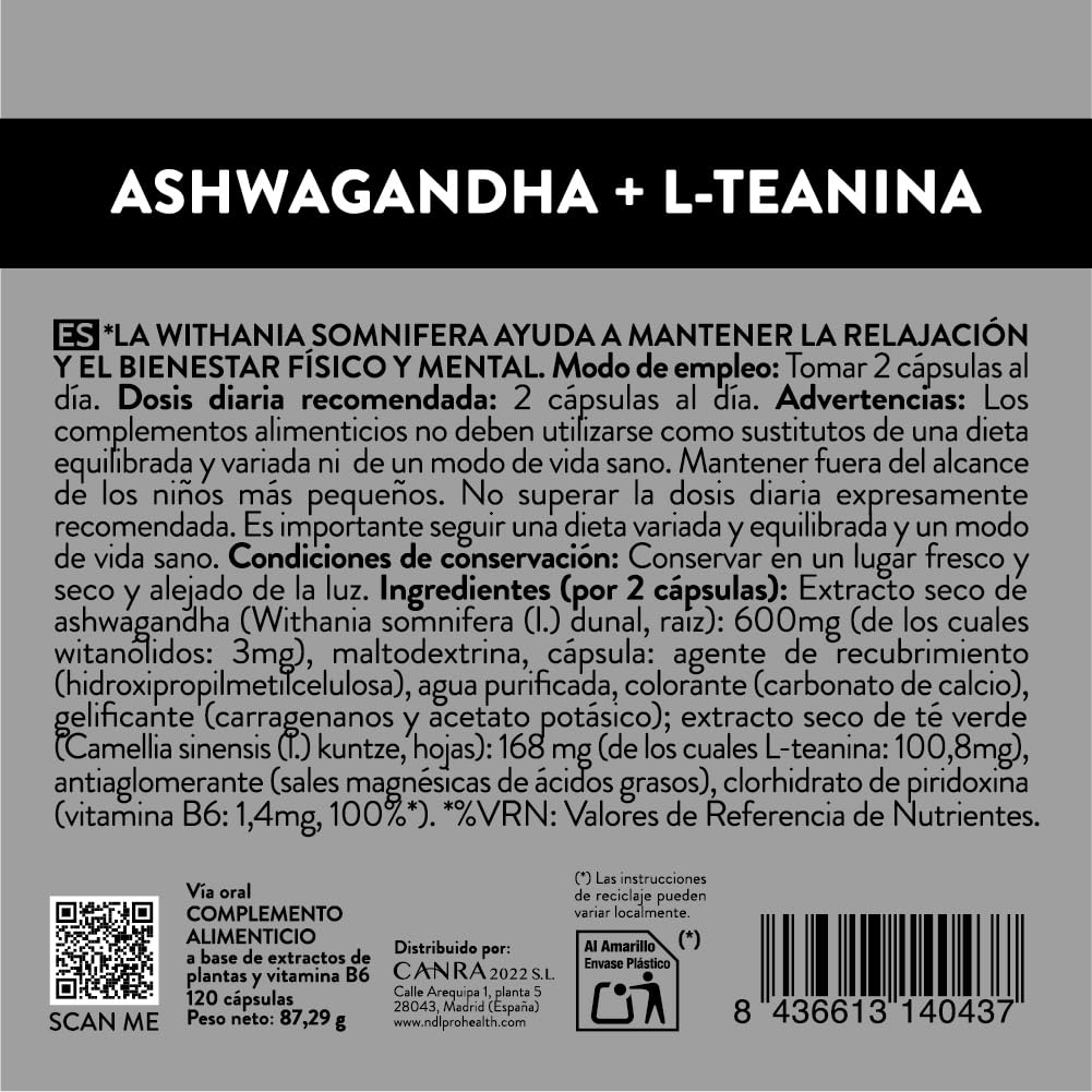 NDL Pro-Health Ashwagandha KSM-66® ecológica + L-teanina | Vitamina B6 | Mejora el Estado de Ánimo | Menos estrés y ansiedad | Regula el Cortisol | 2 Meses | Una marca de Rafa Nadal & Cantabria Labs