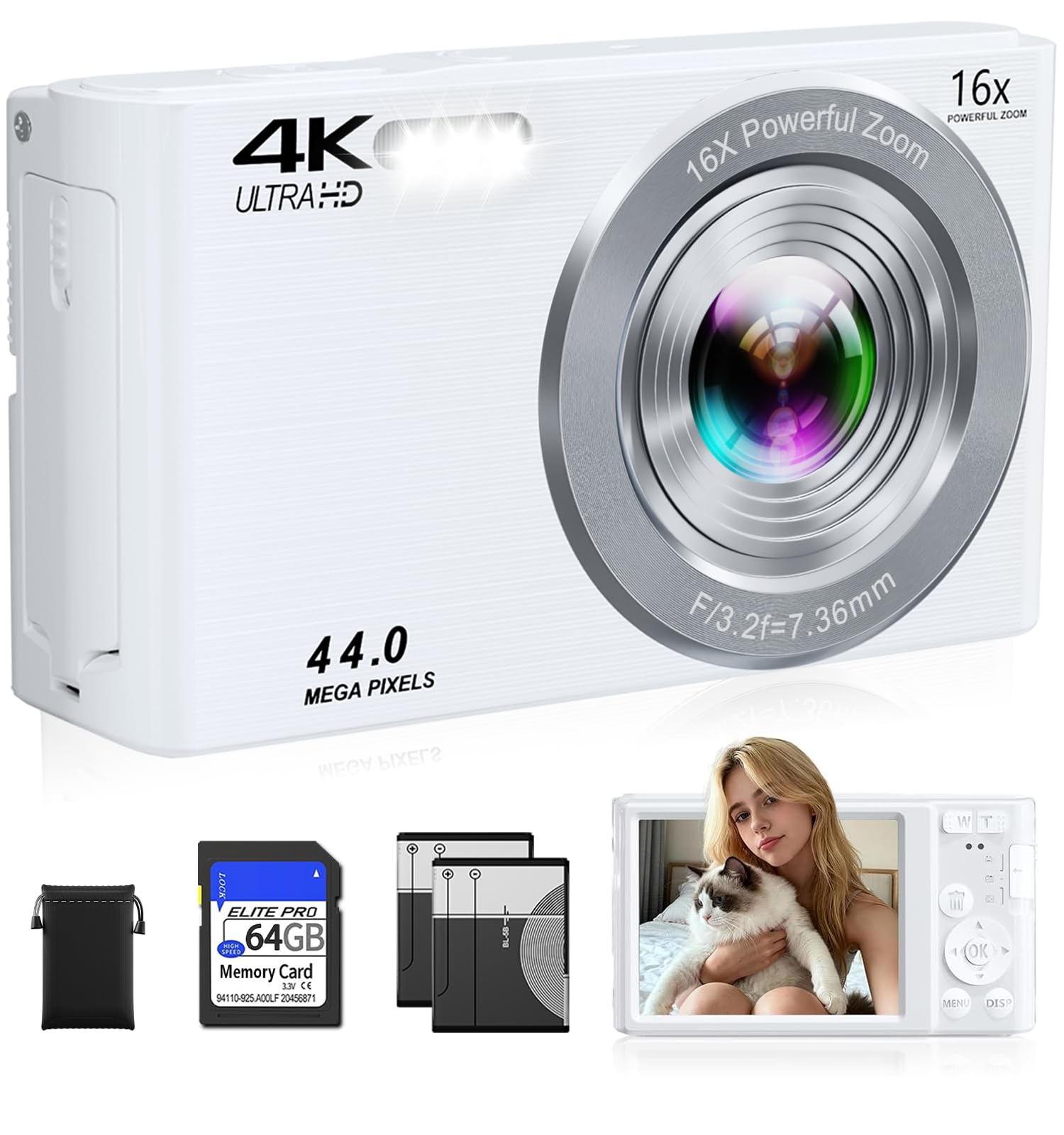 Digital Camera 4K, Autofocus Digital Compact Digital Camera,16X Digital Zoom Upgraded Travel Camera with 64GB SD Card,2 Batteries,Small Camera for Teens Kids Boys Girls,White