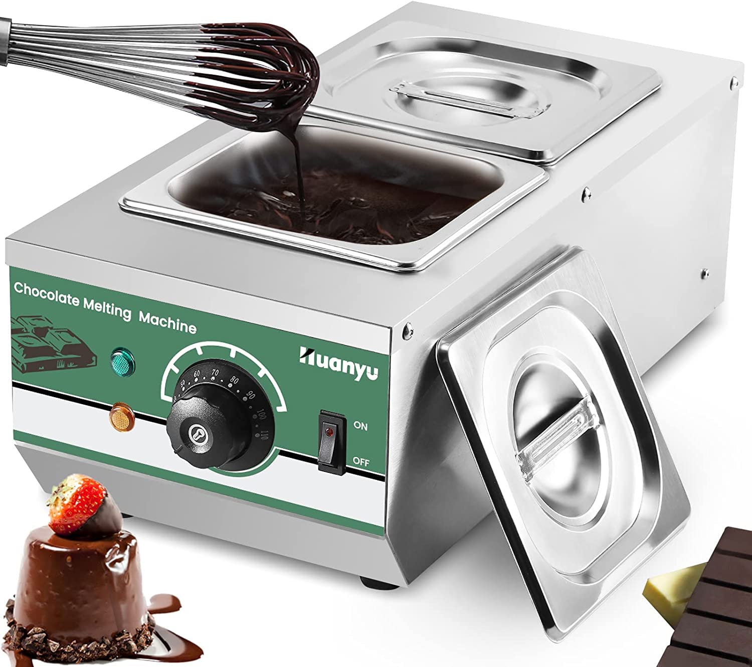 600W Commercial Chocolate Tempering Machine 30℃~80℃ Chocolate Melter with 2x4lbs Pots Auto Temp Control Water Heating Hot Chocolate Melting Machine CS-2